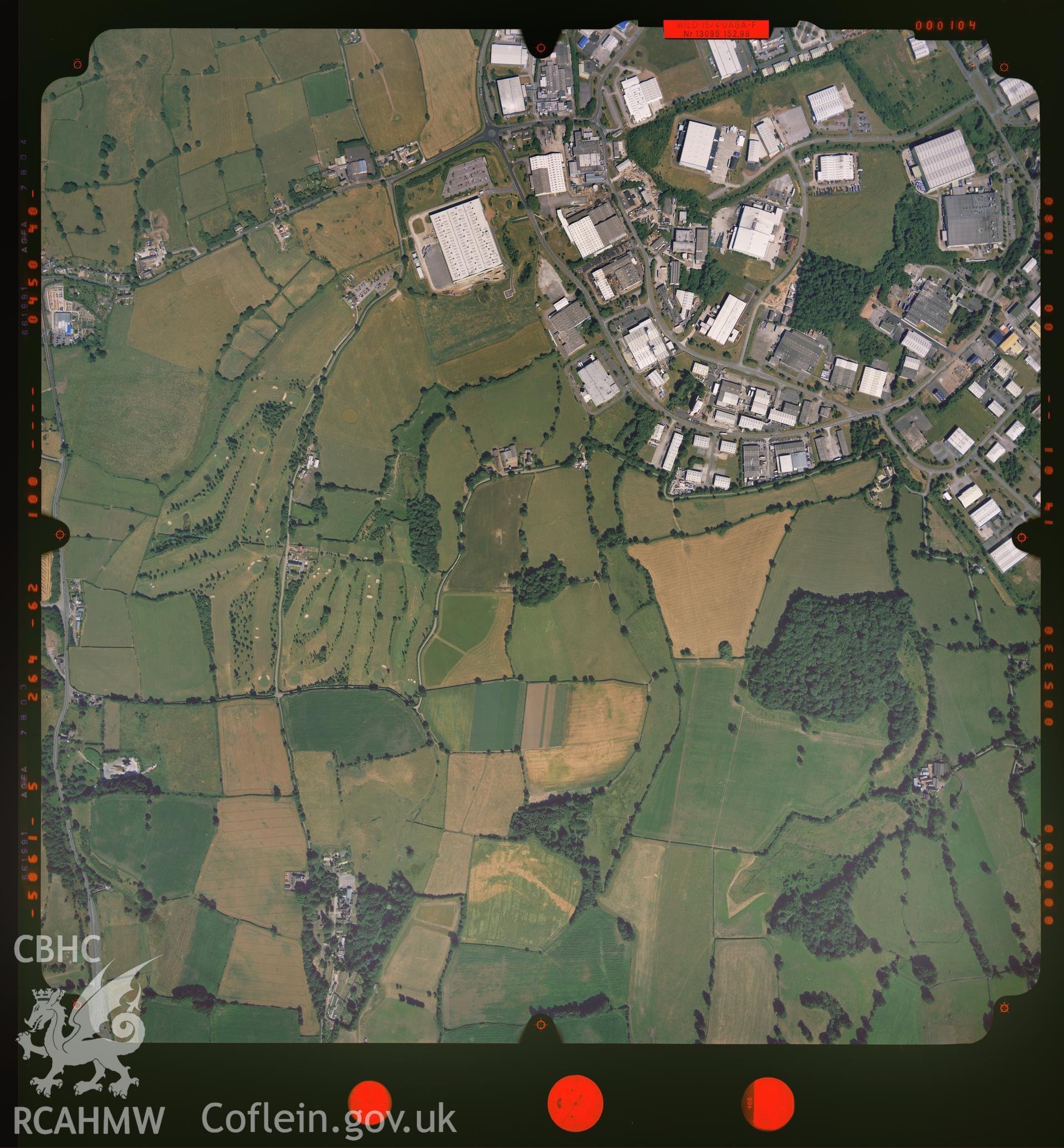 Digitized copy of a colour aerial photograph showing the Llanfynydd area, taken by Ordnance Survey, 2002.
