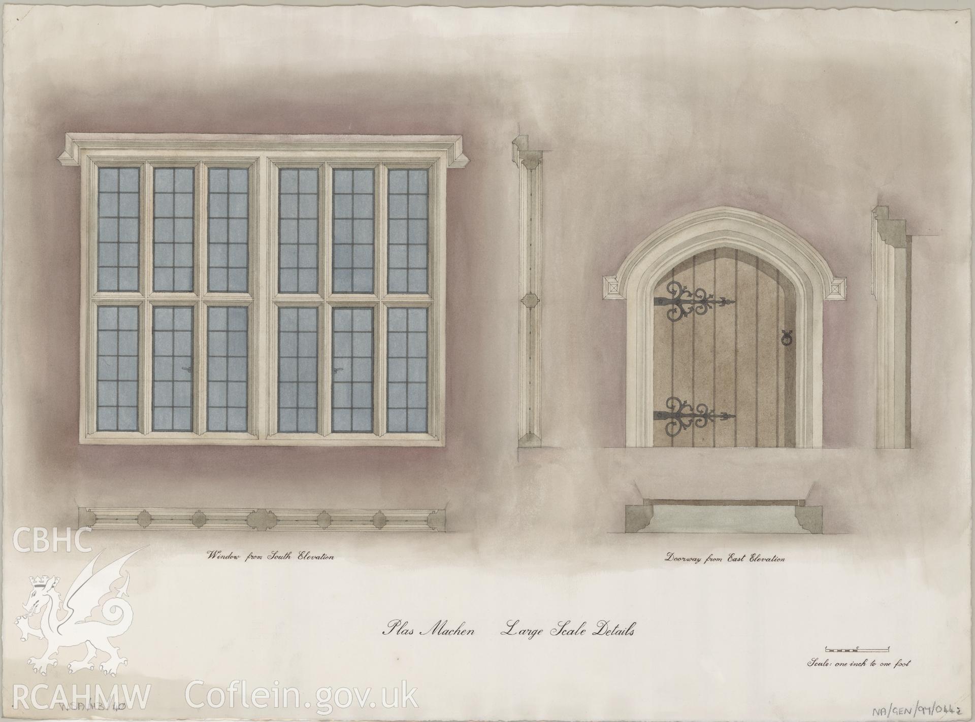 Measured drawing showing exterior detail of south elevation window and east elevation doorway at Plas Machen, Graig, produced by B.J. Coles and D.A. Pugh, 1967-1968.