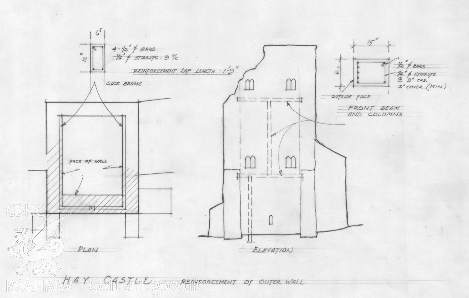 Sketch elevation and plan of Hay Castle, showing the reinforcement of the outer wall, pencil on tracing paper.