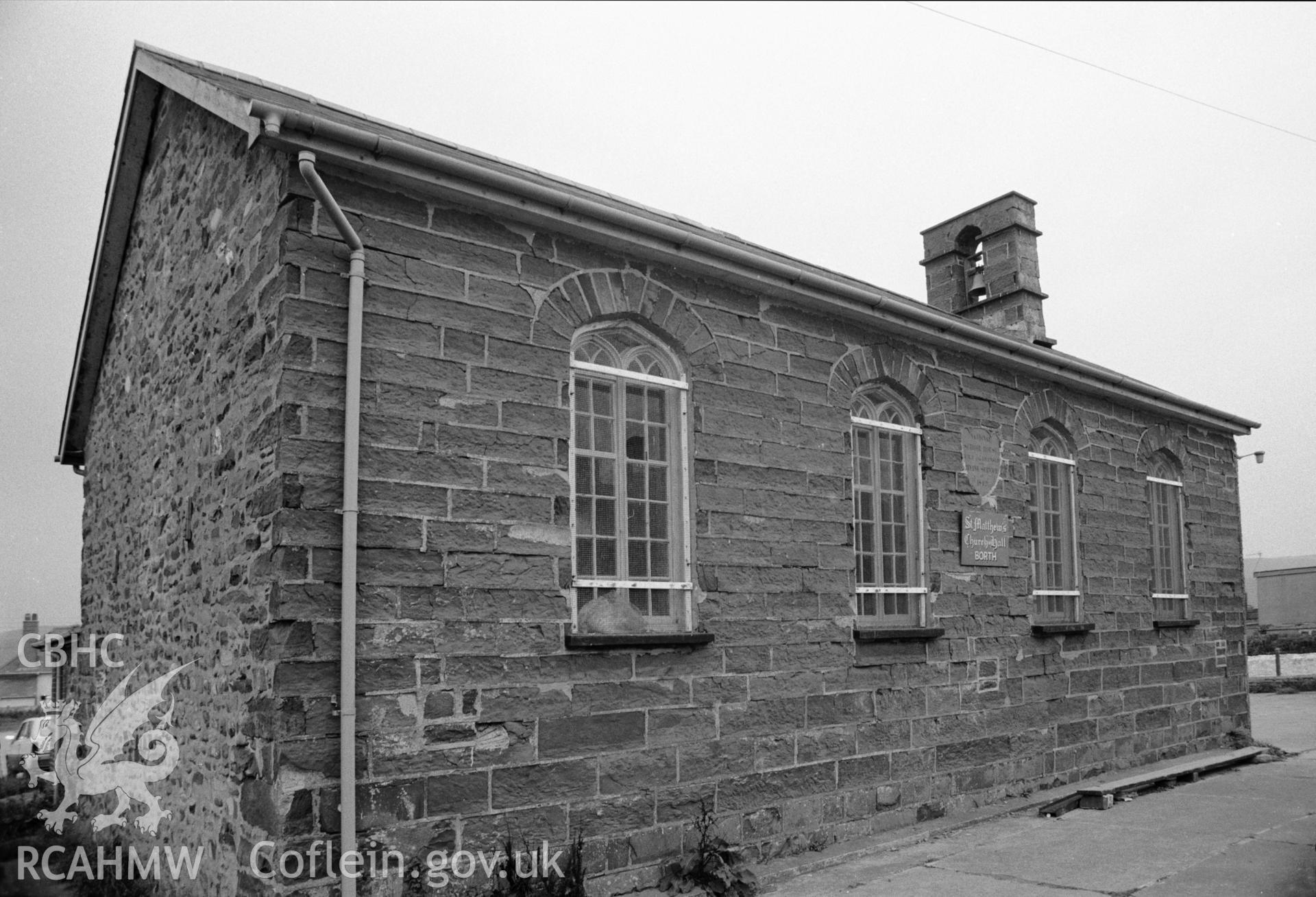 Black and white photograph showing the former National School, Borth, produced by Malcolm Seaborne, September 1989.