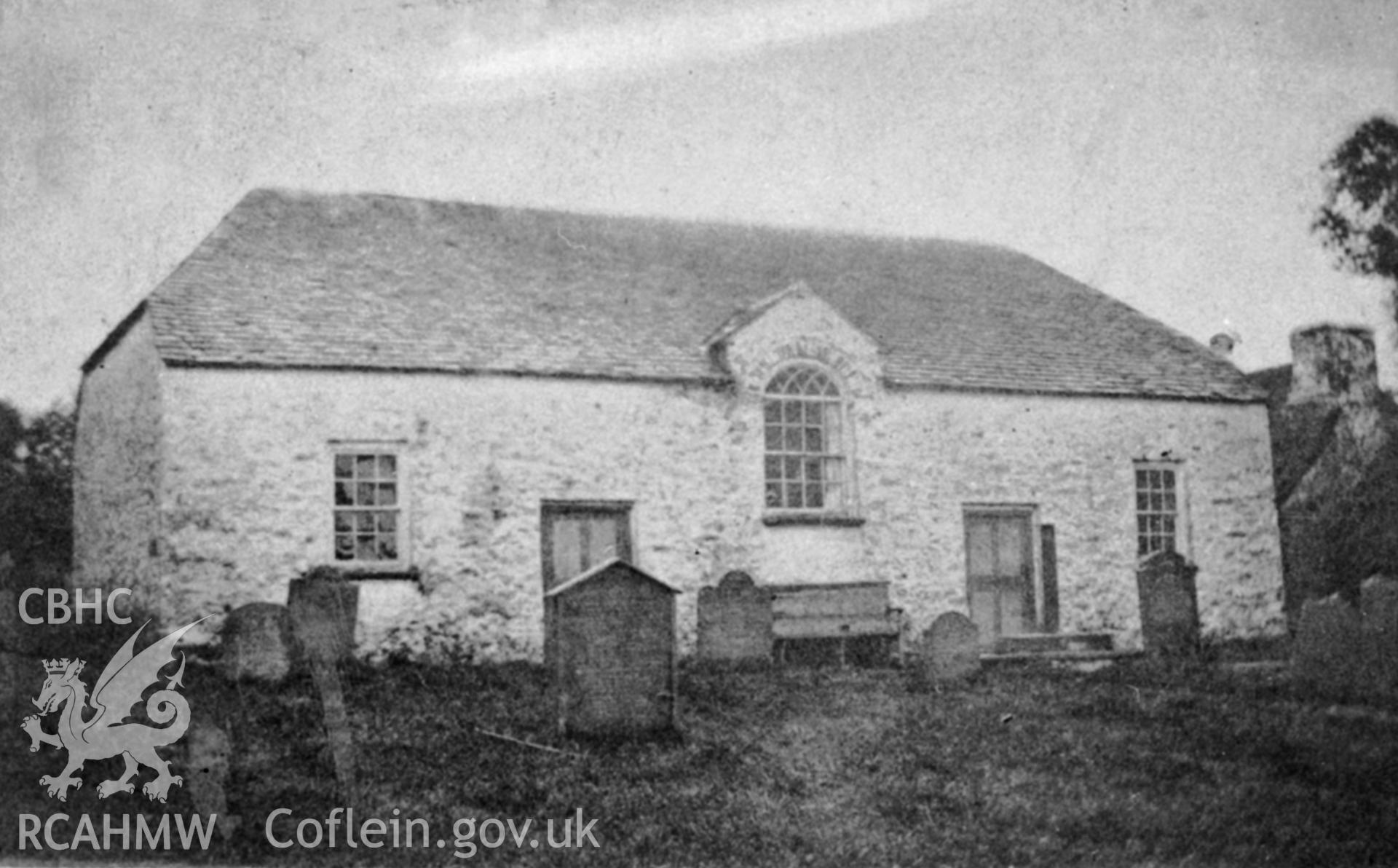 Hebron Chapel, Llanglydwen; B&W print copied from a postcard dated c.1870, loaned for copying by Thomas Lloyd.  Copy negative held.