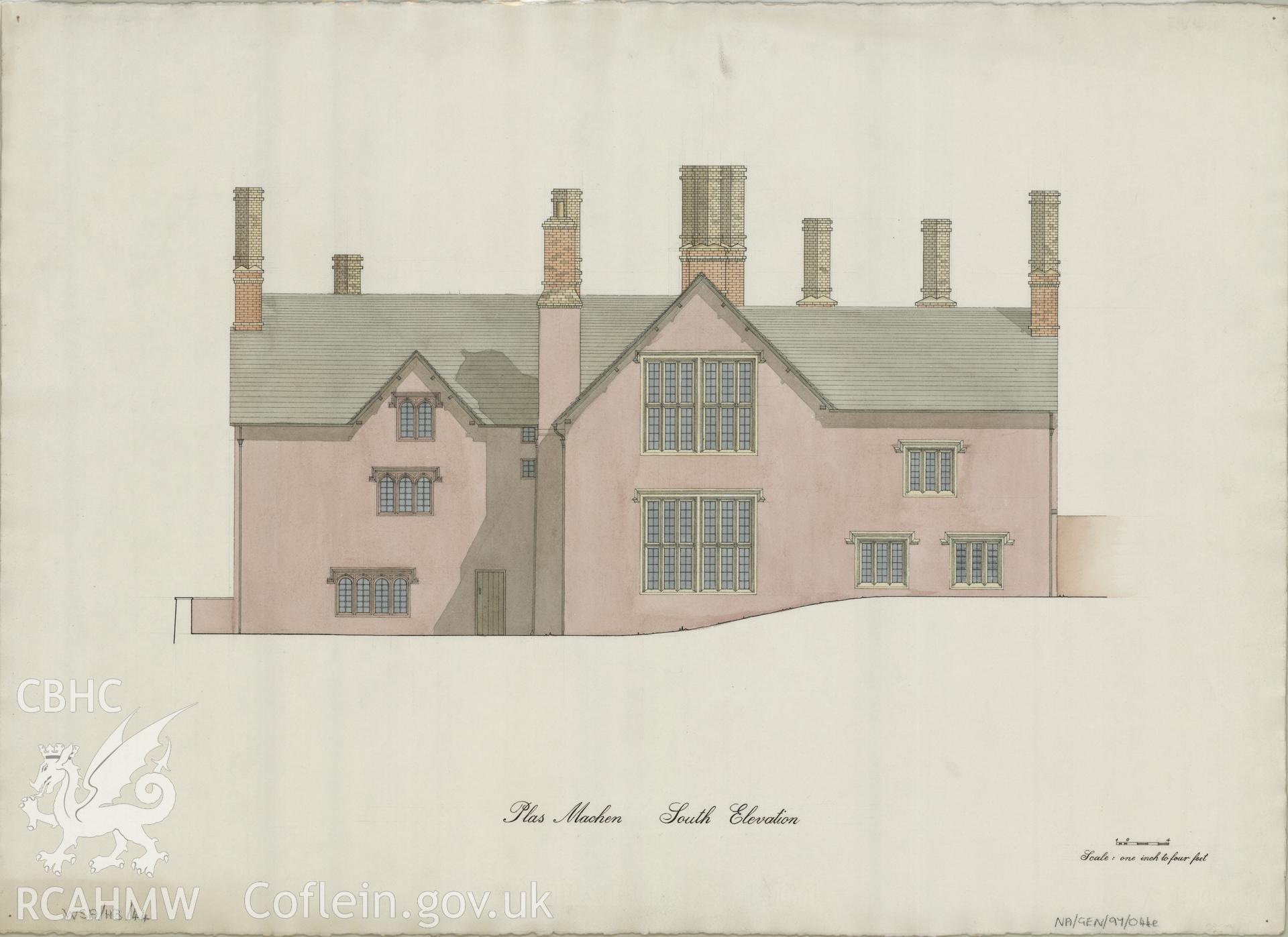 Measured drawing showing south elevation of Plas Machen, Graig, produced by B.J. Coles and D.A. Pugh, 1967-1968.