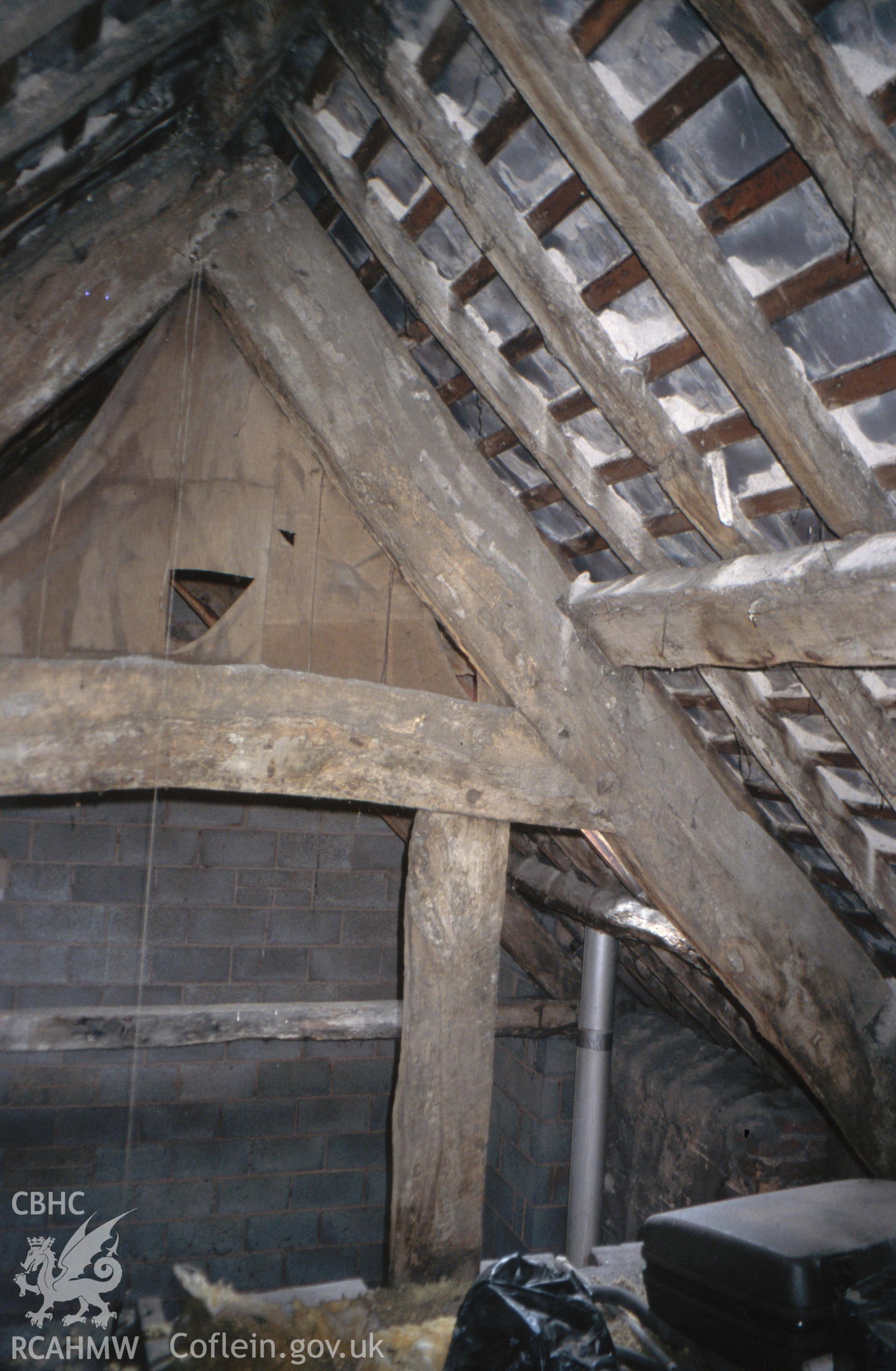 Interior view showing roof  truss at kitchen end.