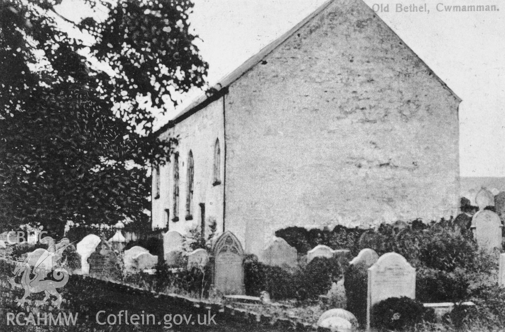 Black and white print of Old Bethel Chapel, copied from an original in the possession of Thomas Lloyd. Copy negative held.