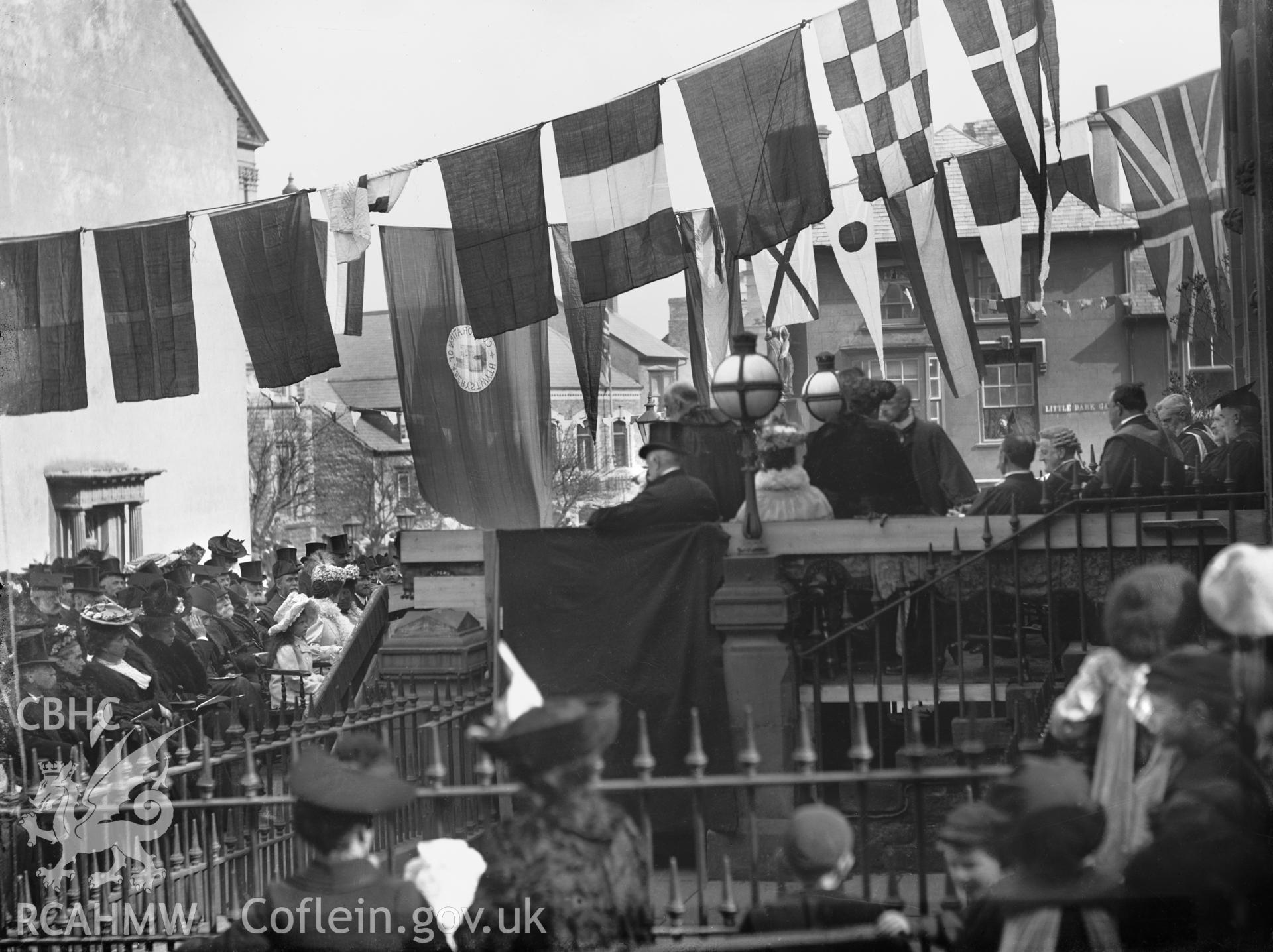 Black and white image dating from c.1910 showing a number of people at an event outside the Baptist Chapel, Alfred Place, Aberystwyth.