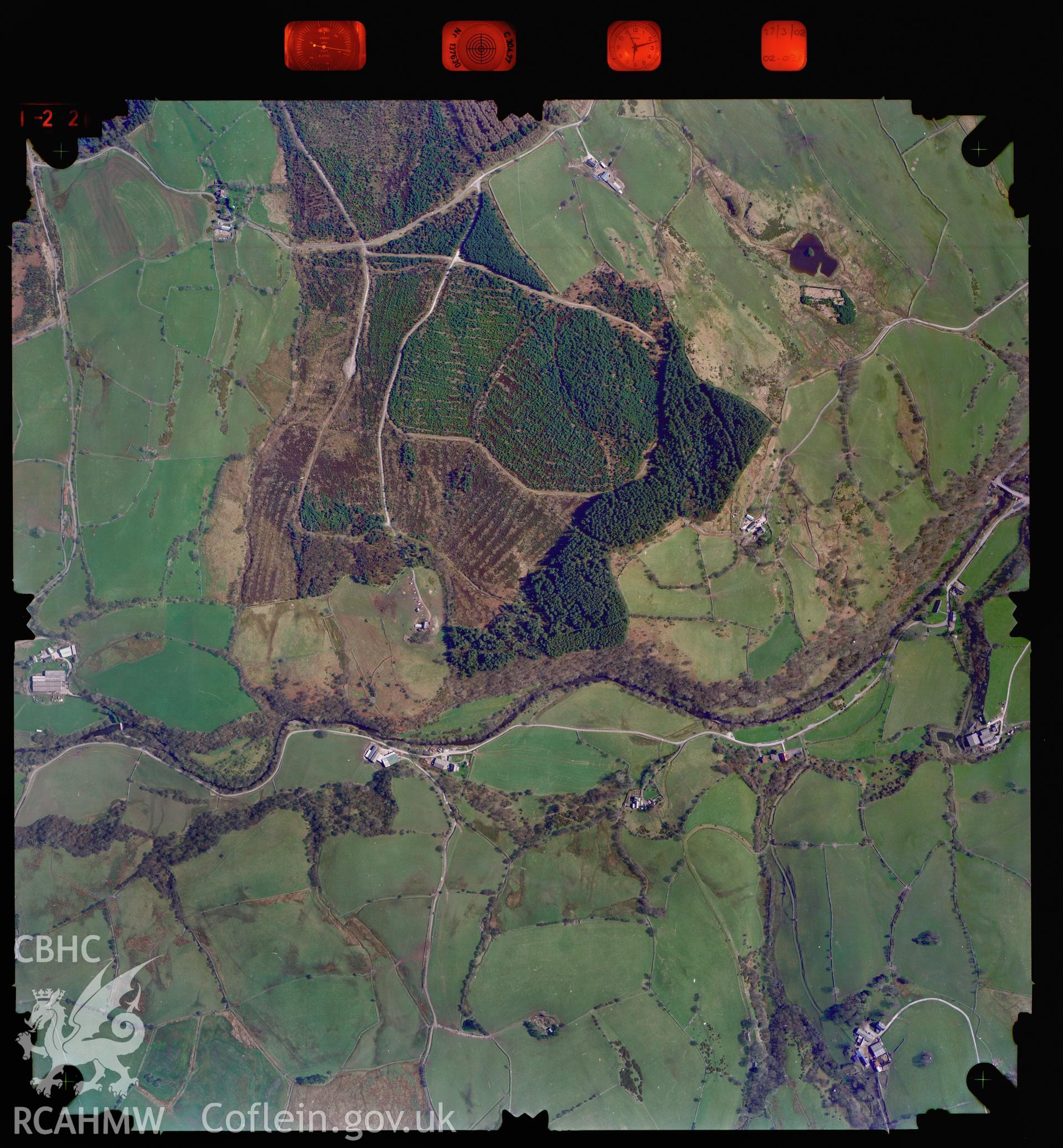Digitized copy of a colour aerial photograph showing the Llansawel  area, taken by Ordnance Survey, 2002.