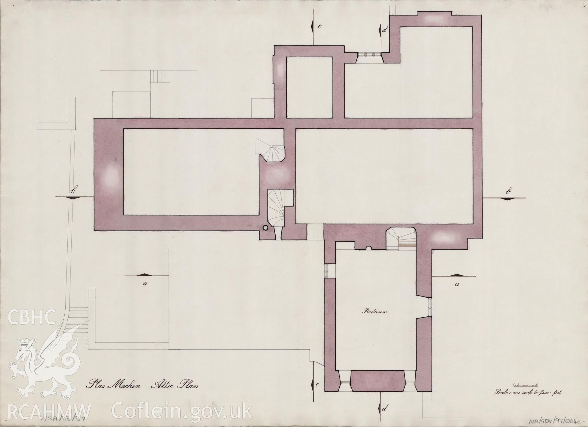 Measured drawing showing attic plan of Plas Machen, Graig, produced by B.J. Coles and D.A. Pugh, 1967-1968.