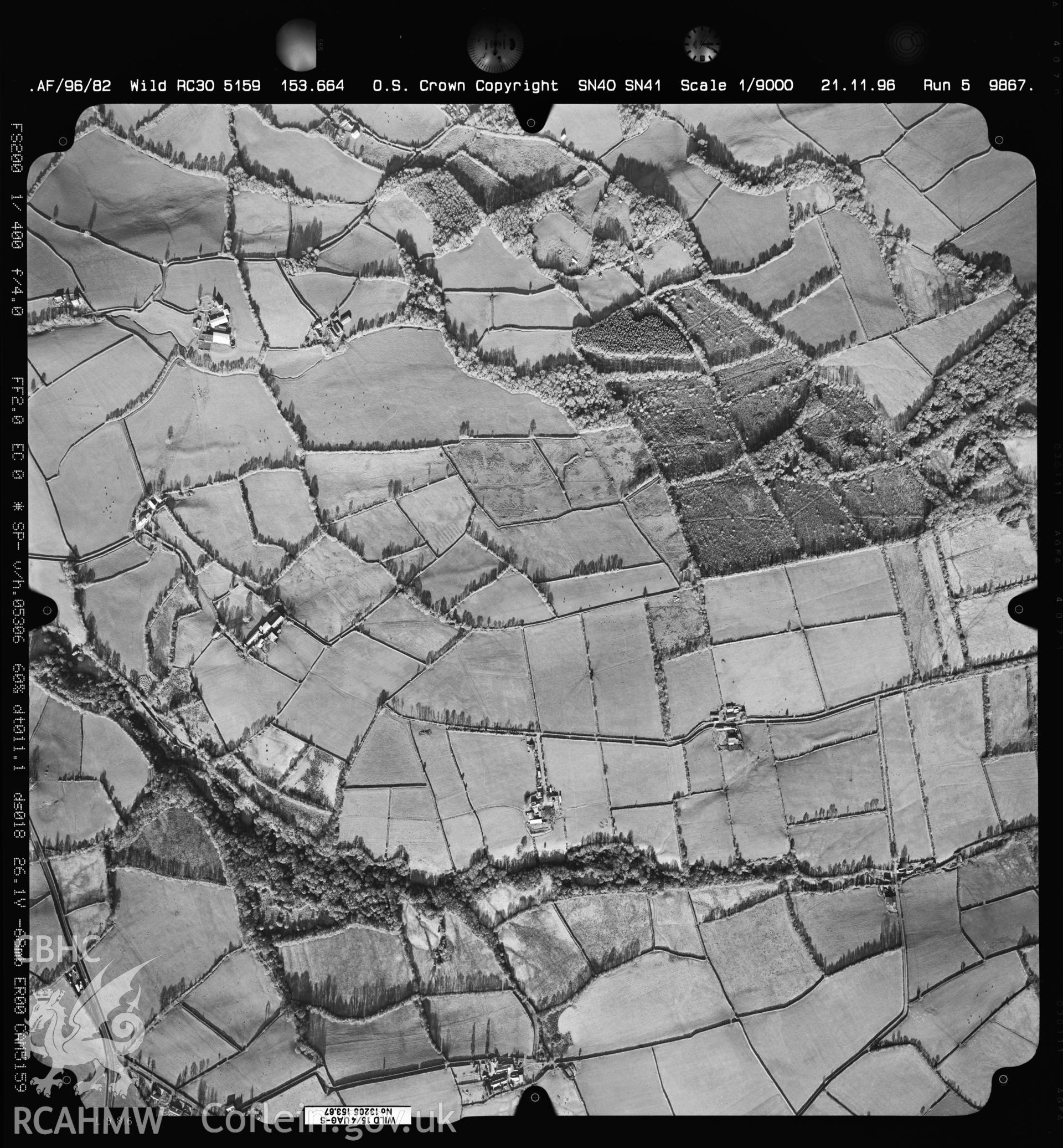 Digitized copy of an aerial photograph showing Llandyfaelog area, Carmarthen, taken by Ordnance Survey, 1996
