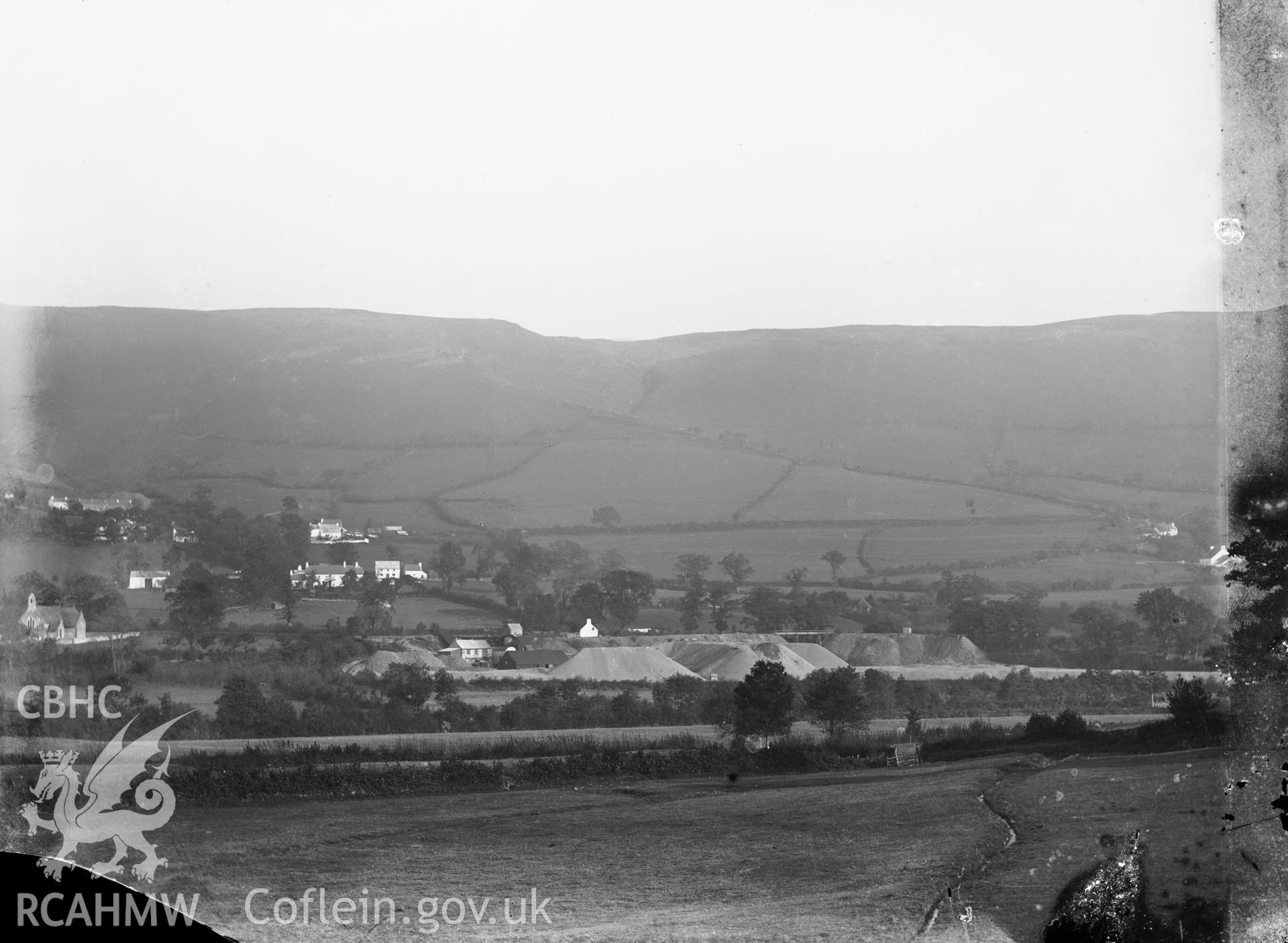 Black and white image dating from c.1910 showing a "mining village" probably in Ceredigion.