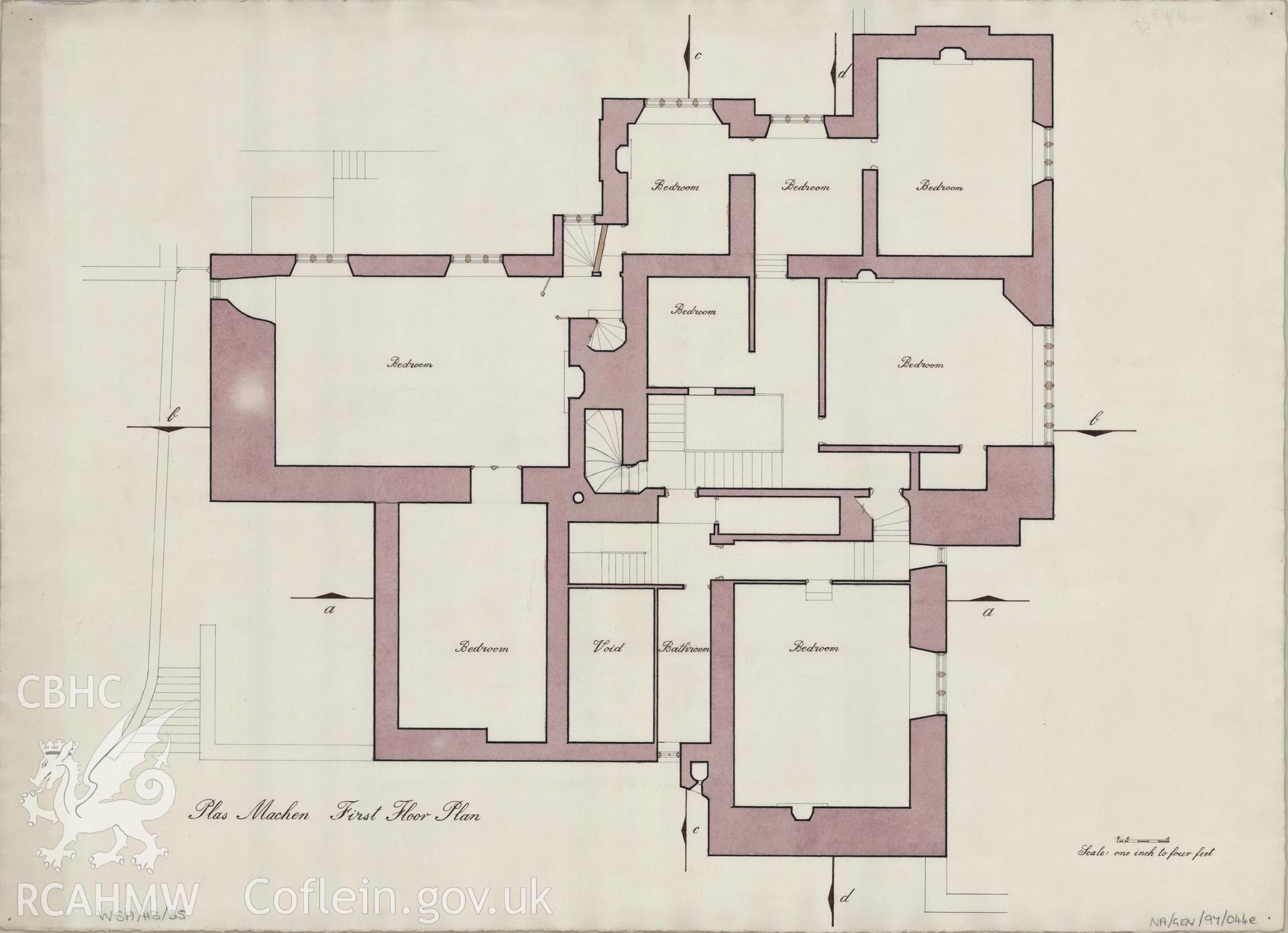 Measured drawing showing first floor plan of Plas Machen, Graig, produced by B.J. Coles and D.A. Pugh, 1967-1968.