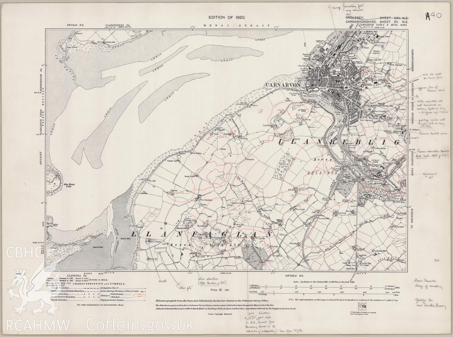 Digital copy of an Ordnance Survey six inch map reference number CA.XV.NE, dated 1920, showing Caerarfon area.