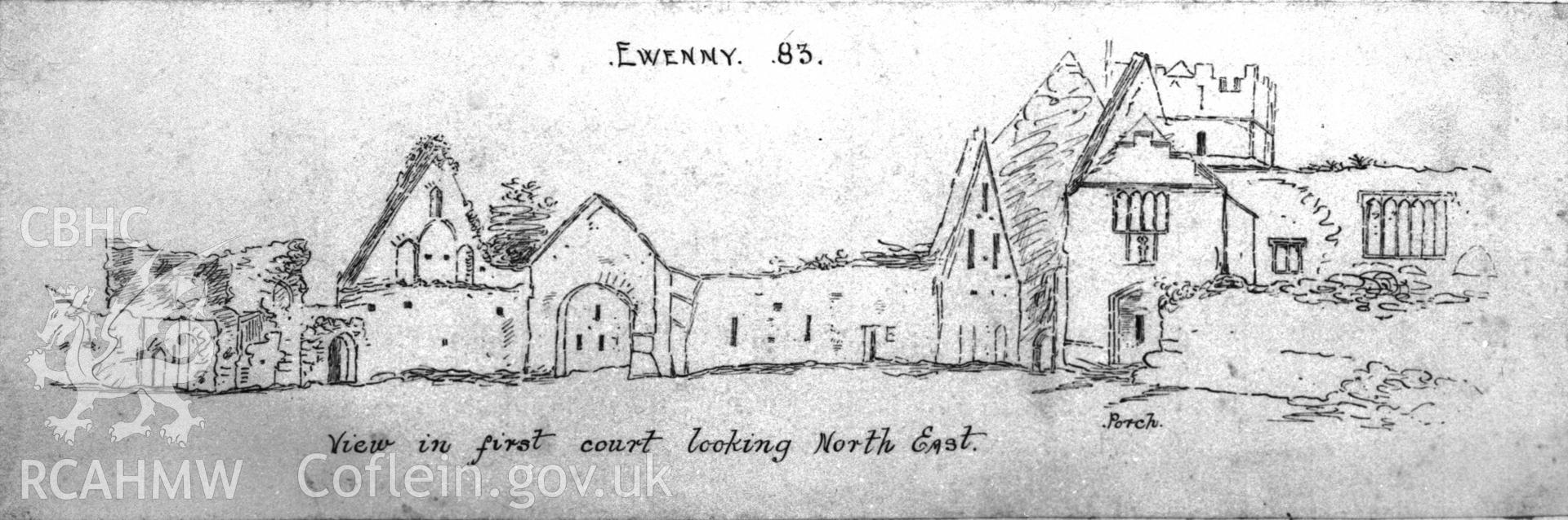 Sketch of view in the first court looking north east in Ewenny Priory, drawings in British Museum by architect J O S Richardson, copied from 1804 Carters. Acetate.