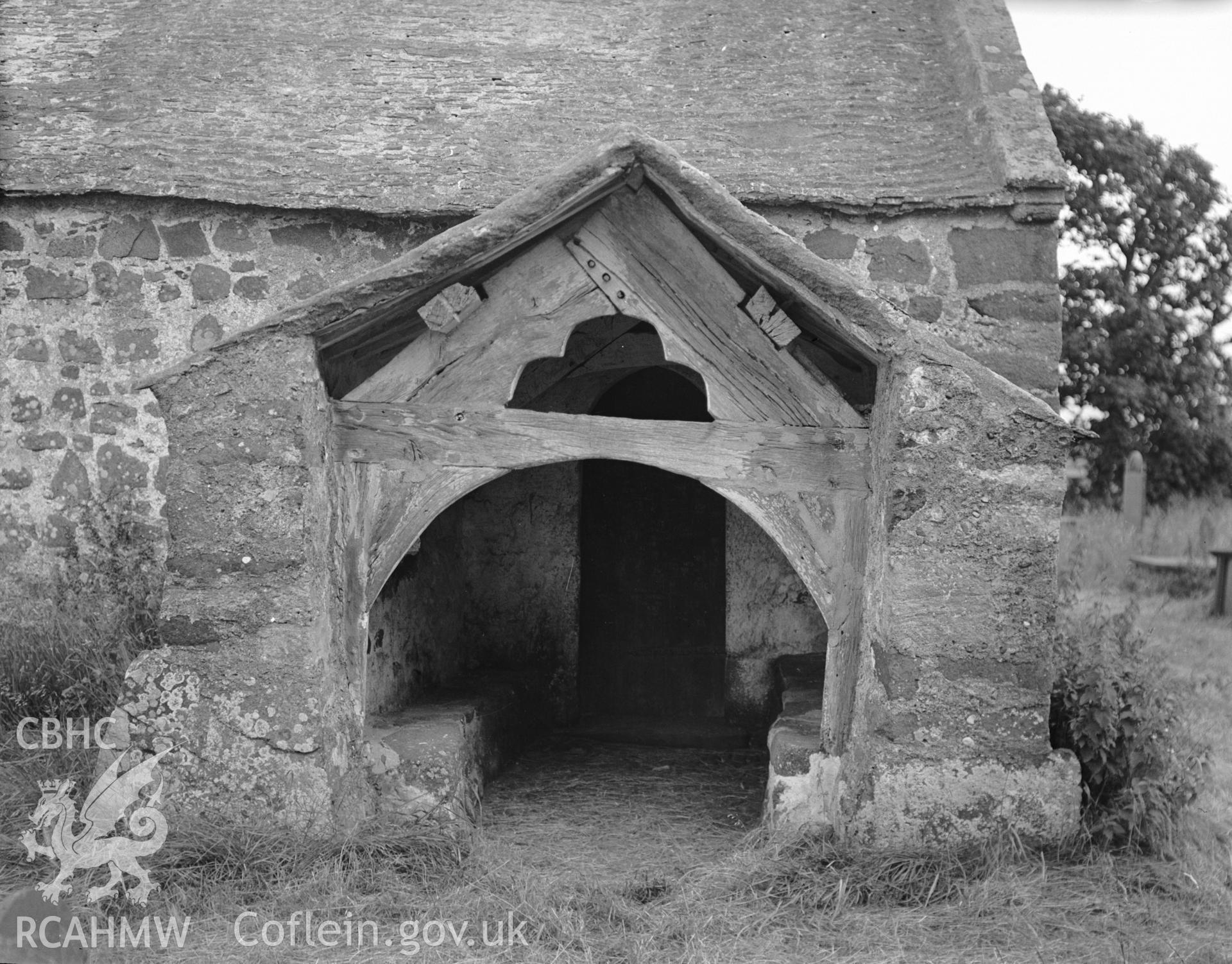 View of porch gate at St Baglans Church, Llanfaglan, taken 21.06.1946.
