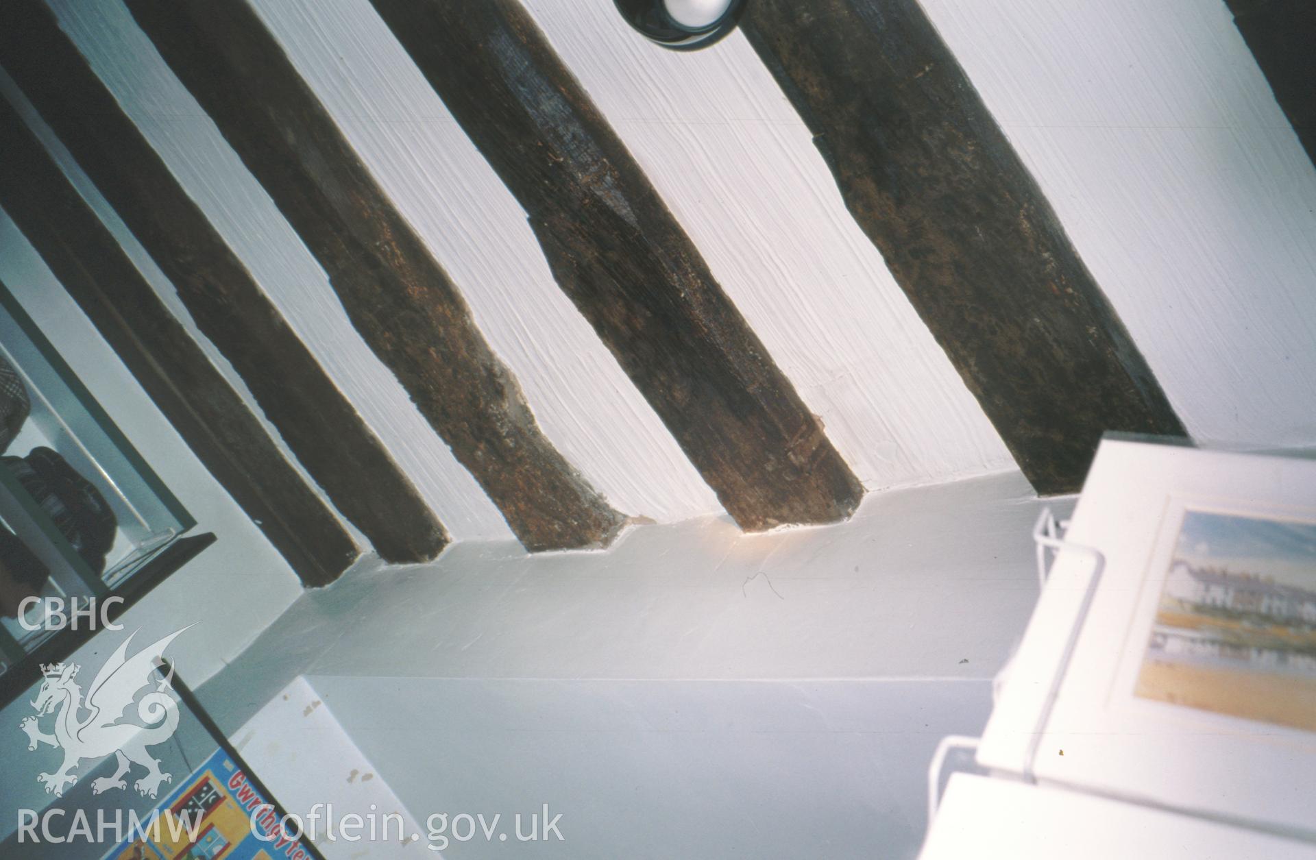 Interior view showing ceiling joists with chamfer stops to original jetty at Back Row.