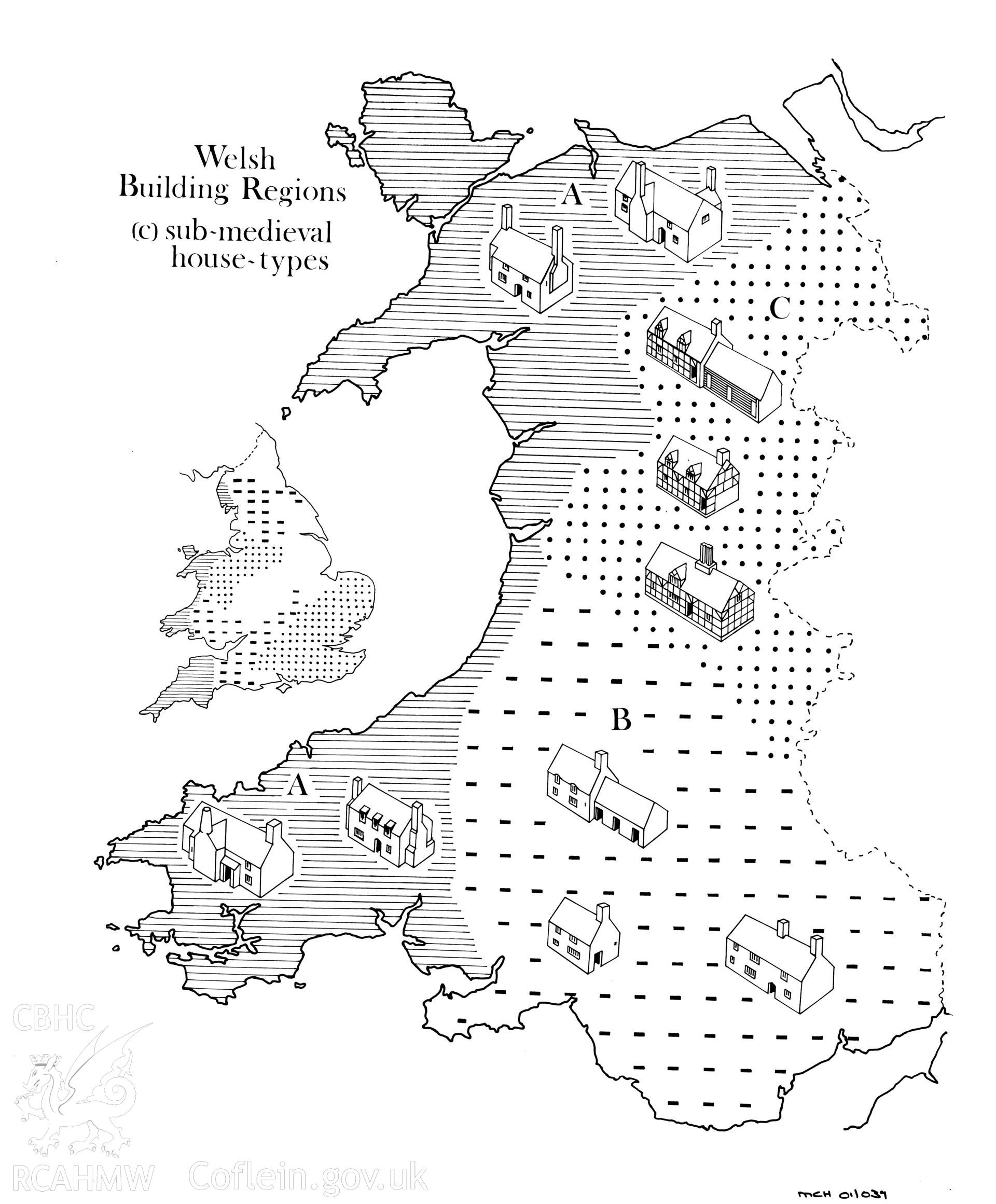 Distribution map showing the location of sub-medieval storeyed houses within Wales, as published in the Merionethshire County History, History of Merioneth Vol.II, The Middle Ages, by J. Beverley Smith and Llinos Beverley Smith, 2001, published by University of Wales Press.