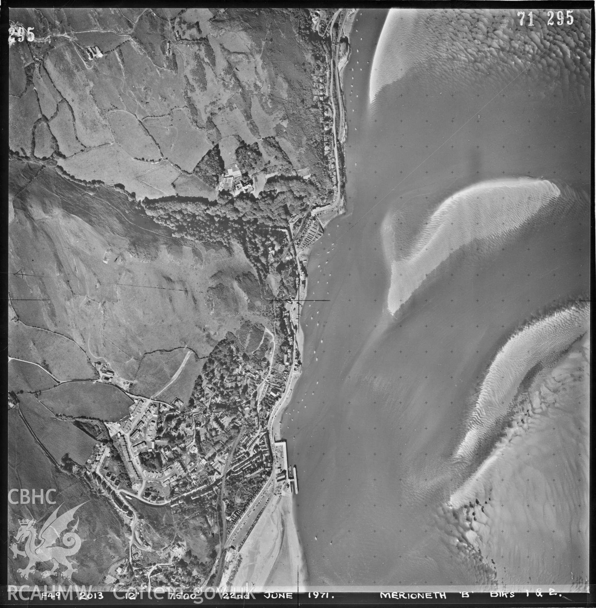 Digitized copy of an aerial photograph showing Aberdyfi, taken by Ordnance Survey, 22nd June 1971.