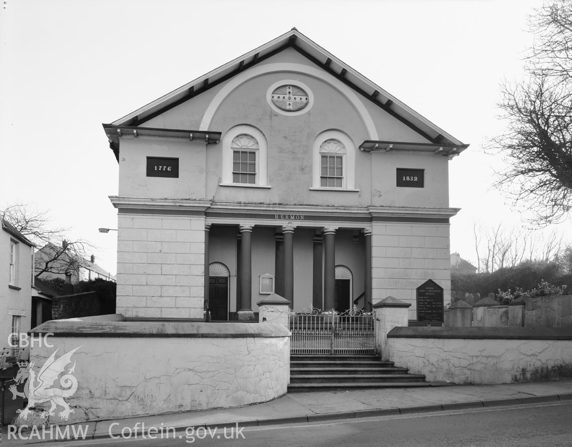 Black and white photo showing exterior view of Hermon Baptist Chapel, Fishguard.