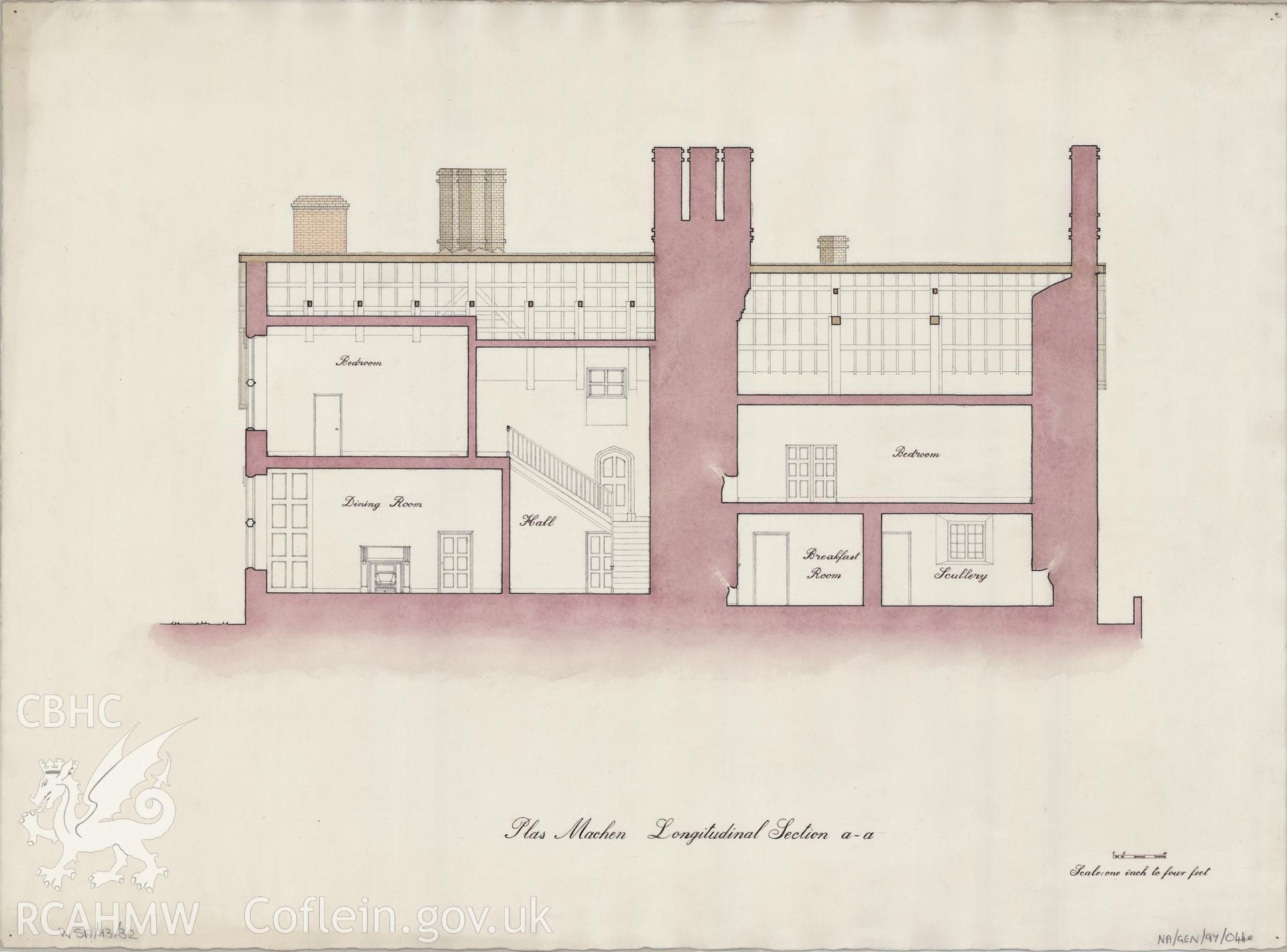 Measured drawing showing longitudinal section view of Plas Machen, Graig, produced by B.J. Coles and D.A. Pugh, 1967-1968.