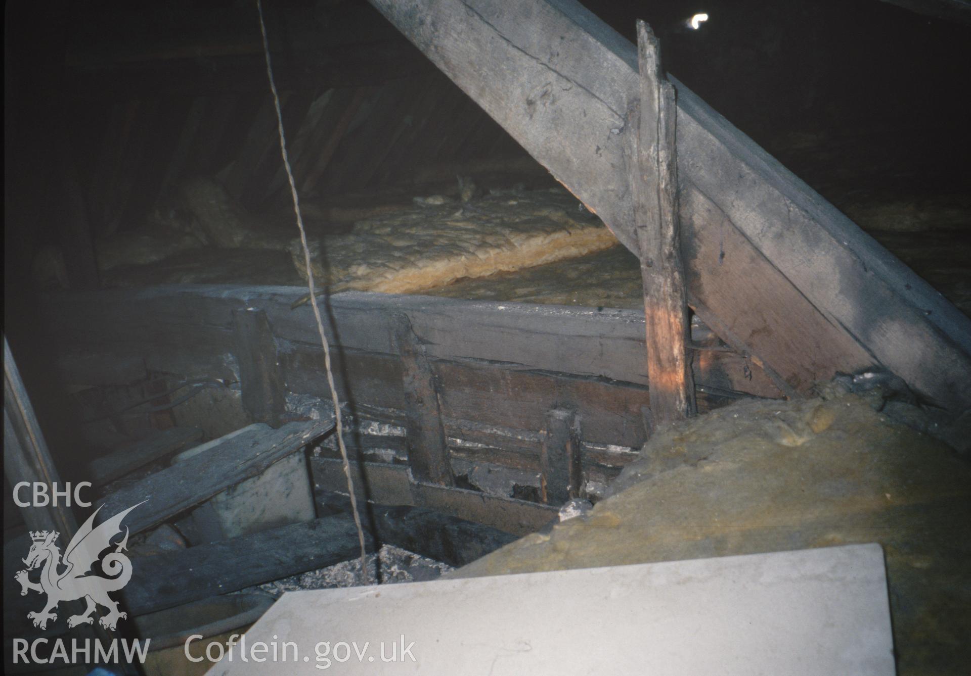 Interior view showing detail of truss by stair.