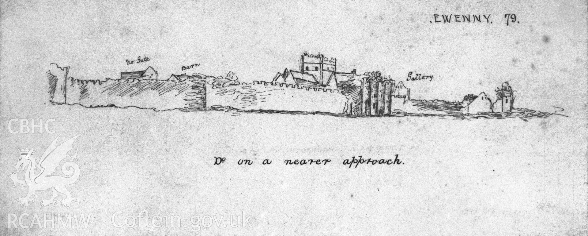 Sketch of the near approach to Ewenny Priory, drawings in British Museum by architect J O S Richardson, copied from 1804 Carters. Acetate.