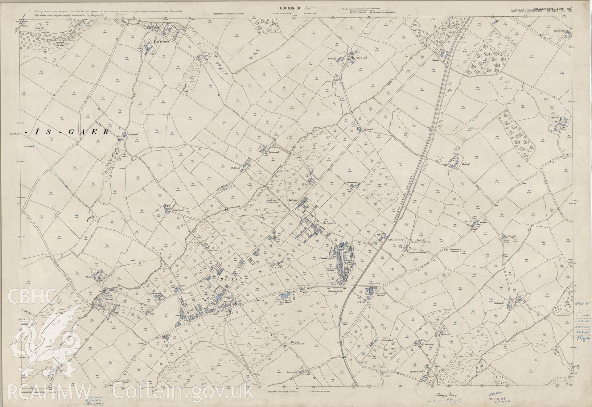 Digitized copy of Ordnance Survey 25 inch coloured map of Saron area of Caernarfonshire 1900.