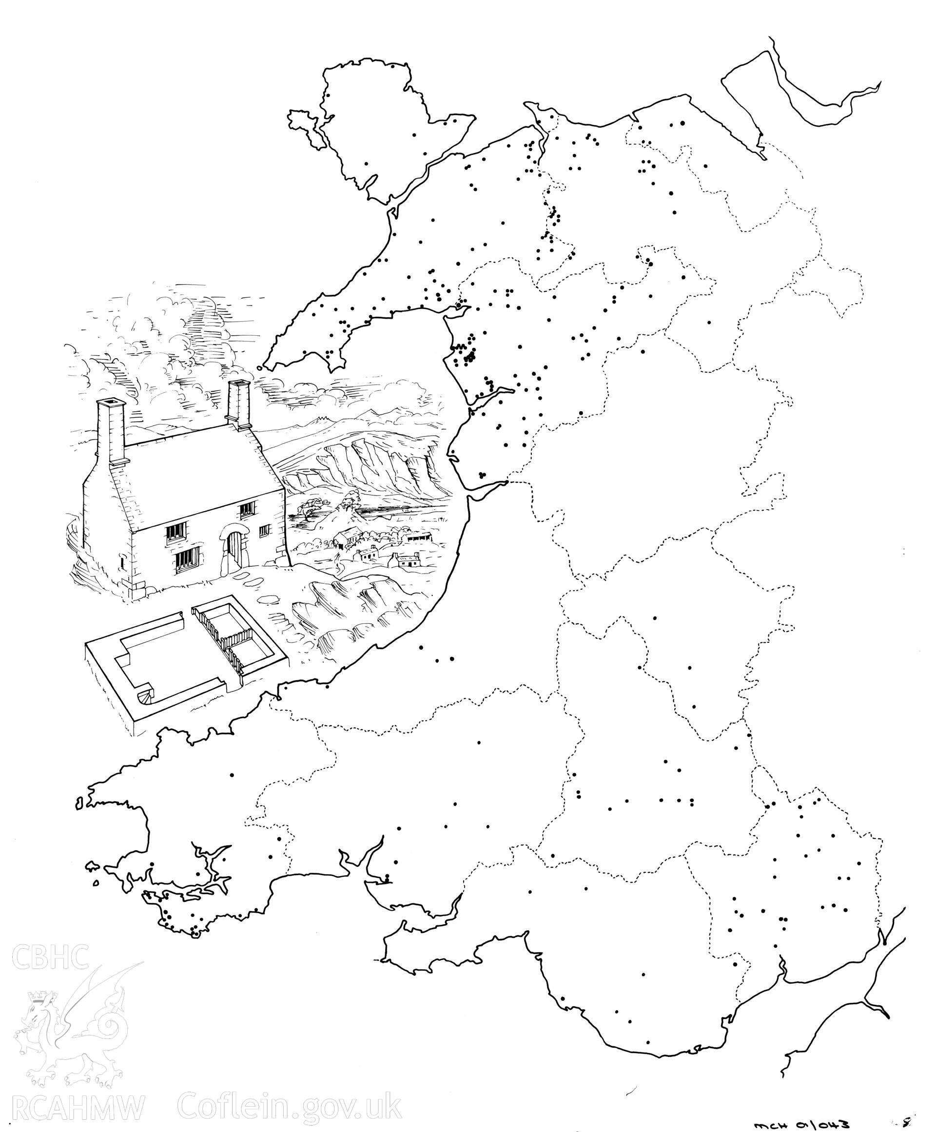 Distribution map showing the location of end-chimney, direct-entry, cross-passage houses within Wales, as published in the Merionethshire County History, History of Merioneth Vol.II, The Middle Ages, by J. Beverley Smith and Llinos Beverley Smith, 2001, published by University of Wales Press.