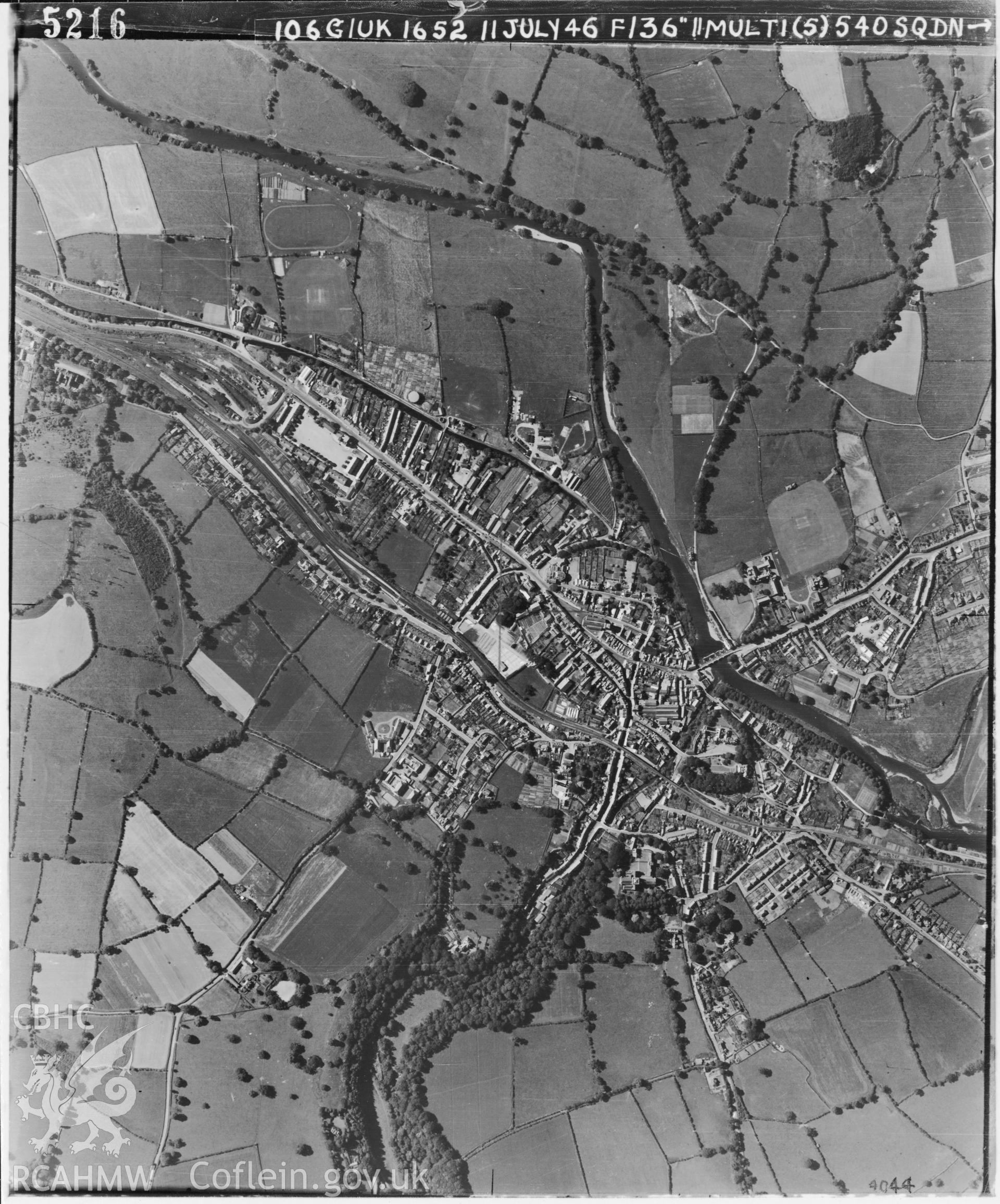 Black and white vertical aerial photograph taken by the RAF on 11/07/1946 centred on SO04632846 at a scale of 1:10000. The photograph includes part of Brecon community in Powys, and pictures part of the town of Brecon.