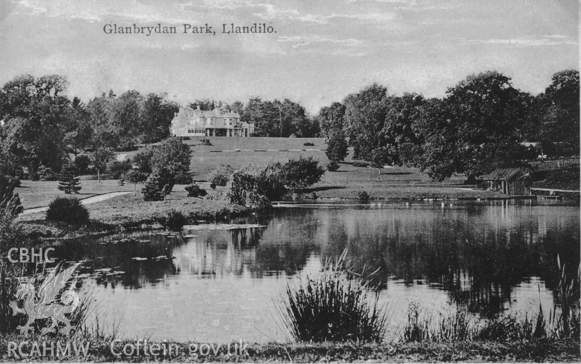 Copy of b/w postcard of Glanbrydan Park, Llandilo (Llandeilo), copied from original loaned by Thomas Lloyd. Copy negative held.