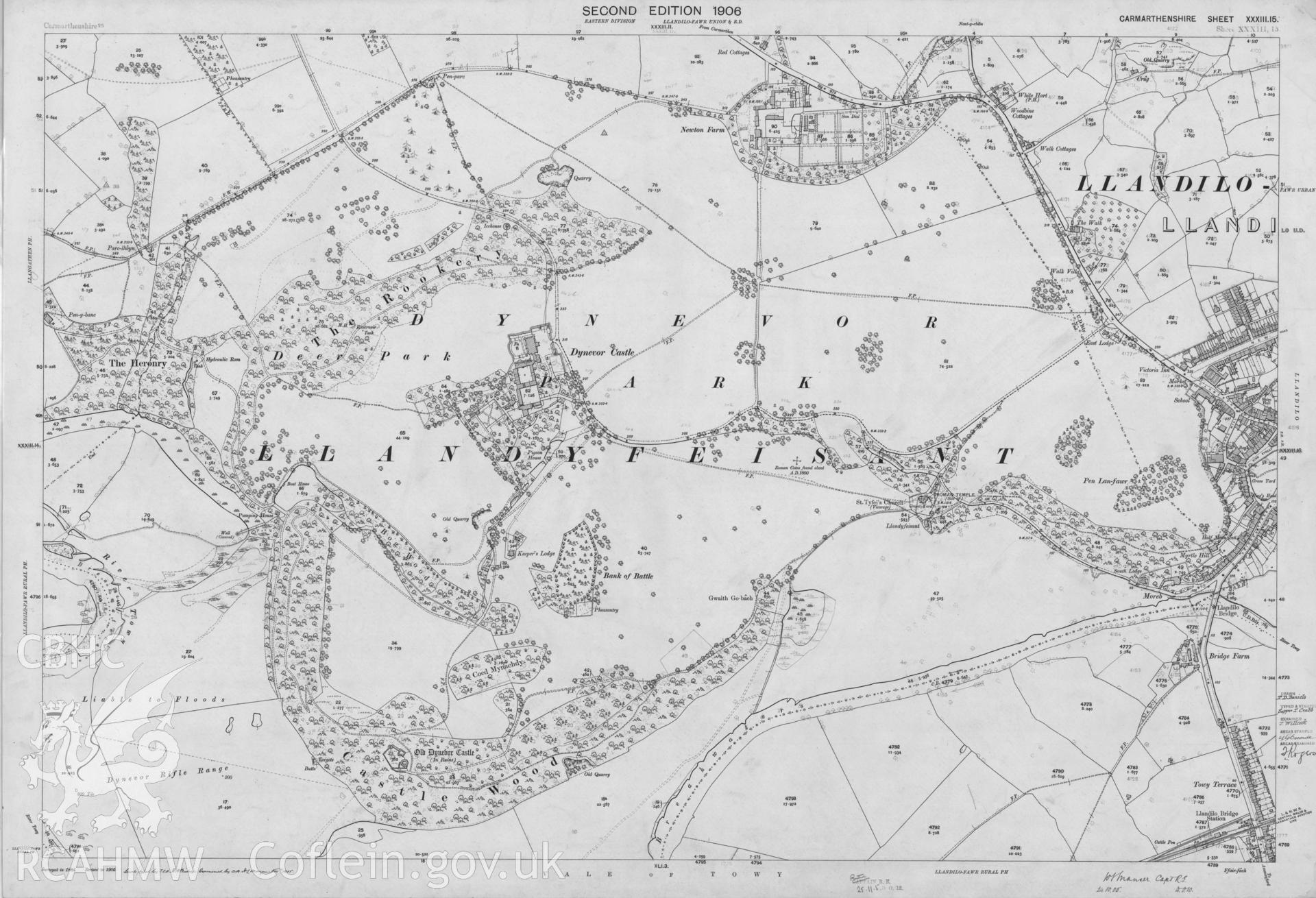 Digitized copy of Ordnance Survey 25 inch coloured map of Llandeilo area, 1906