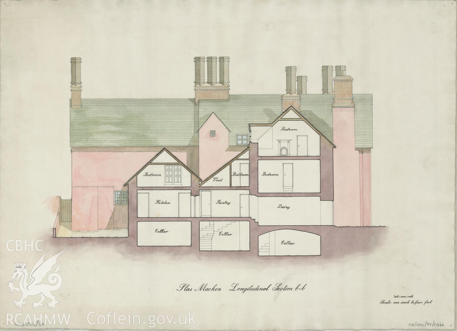 Measured drawing showing longitudinal section view of Plas Machen, Graig, produced by B.J. Coles and D.A. Pugh, 1967-1968.