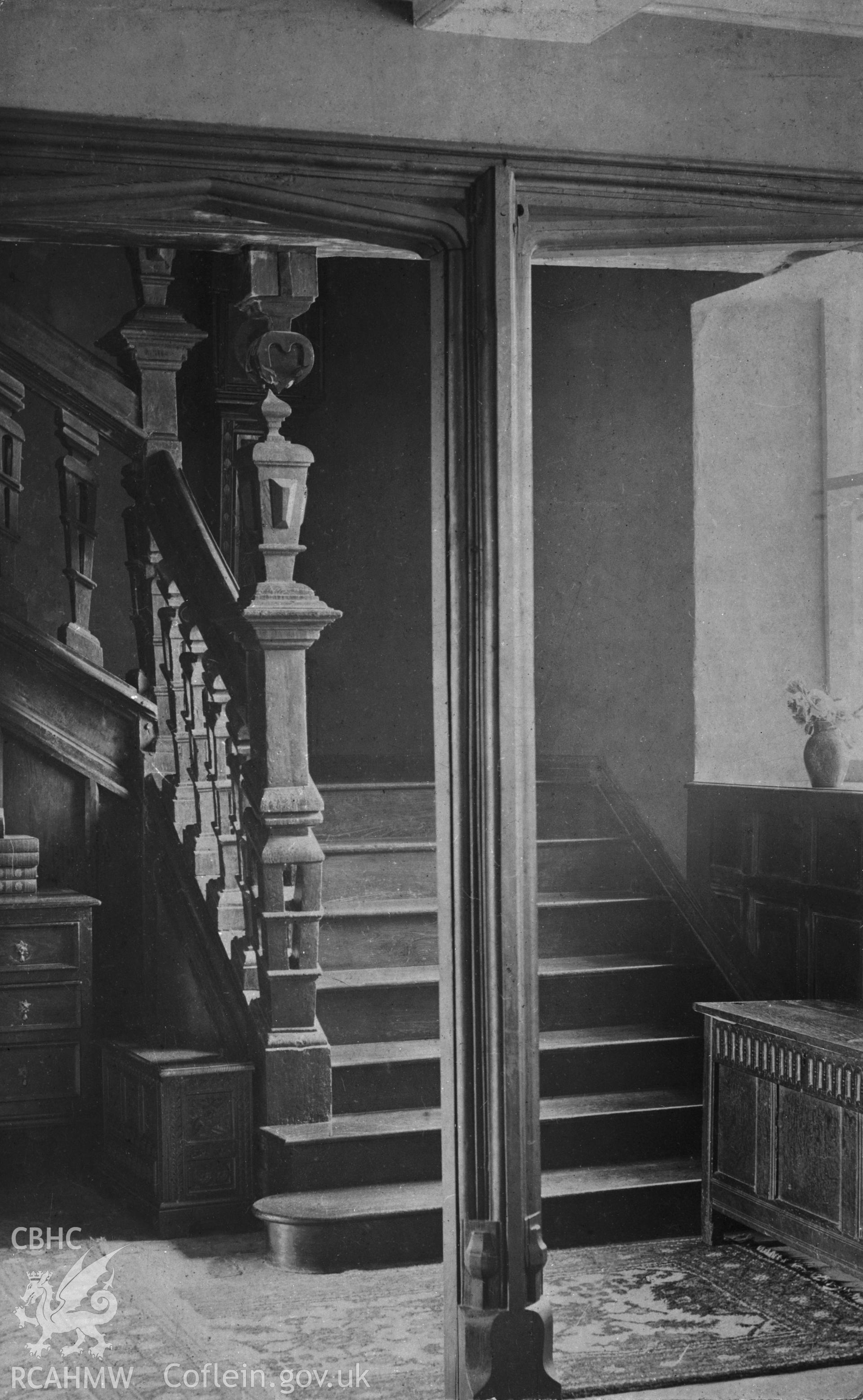 Interior view of Castle House showing the staircase, copied from a postcard loaned by P.M. Reid.