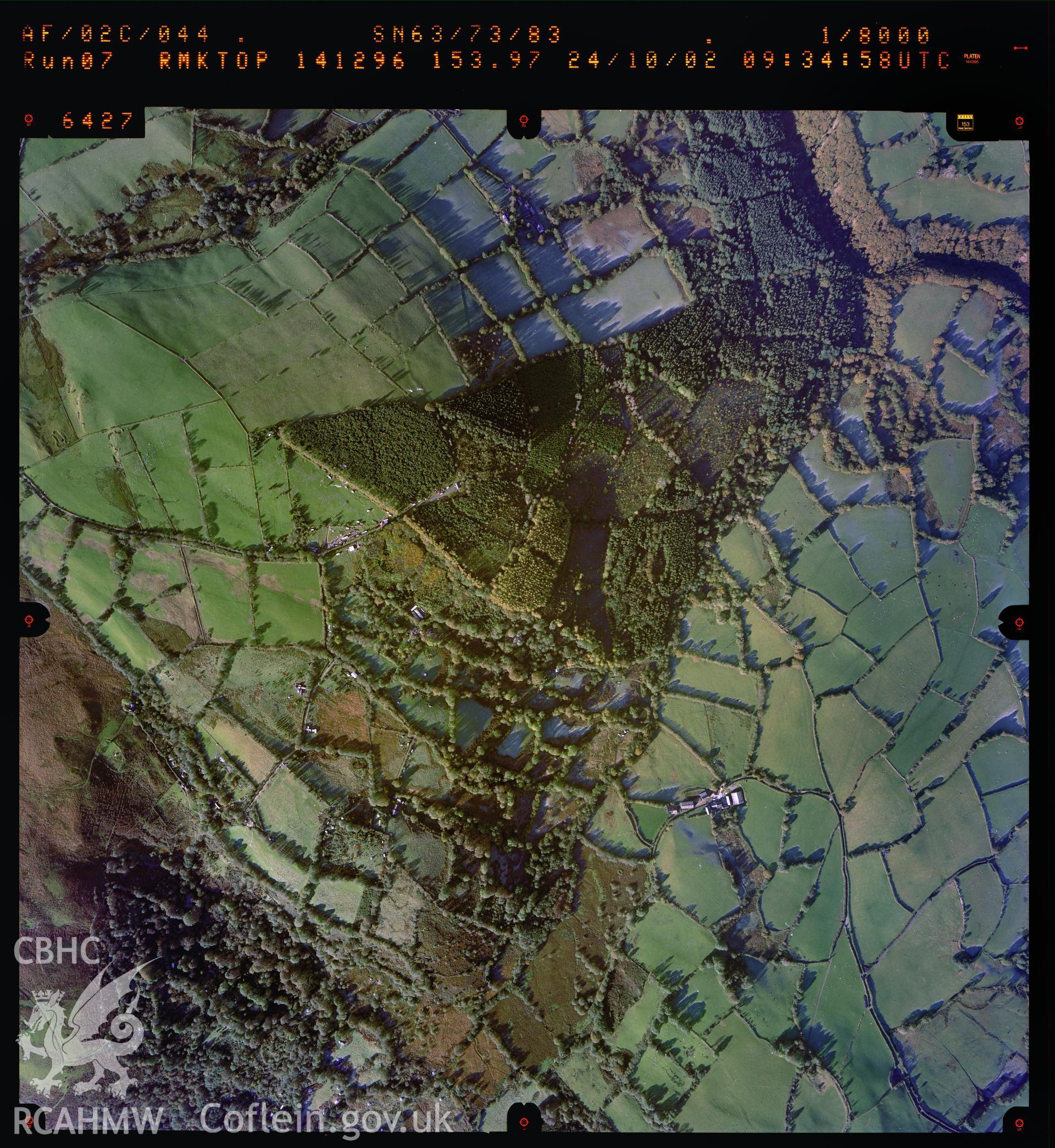 Digitized copy of a colour aerial photograph showing the Marchoglwyn area, Carmarthen, taken by Ordnance Survey, 2002.