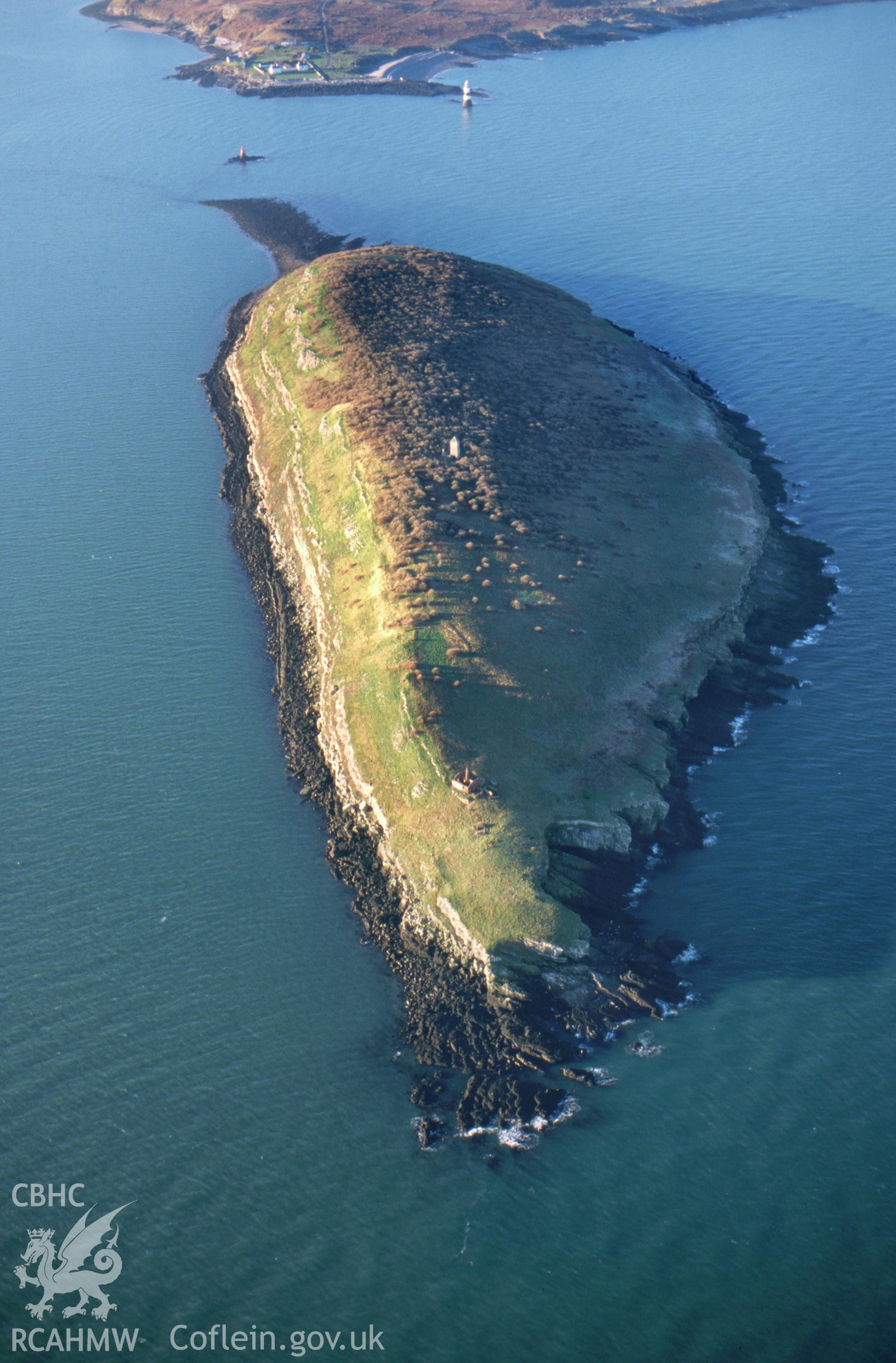 Slide of RCAHMW colour oblique aerial photograph of Puffin Island Priory Cell;st Seiriol's Church, taken by T.G. Driver, 10/1/1999.