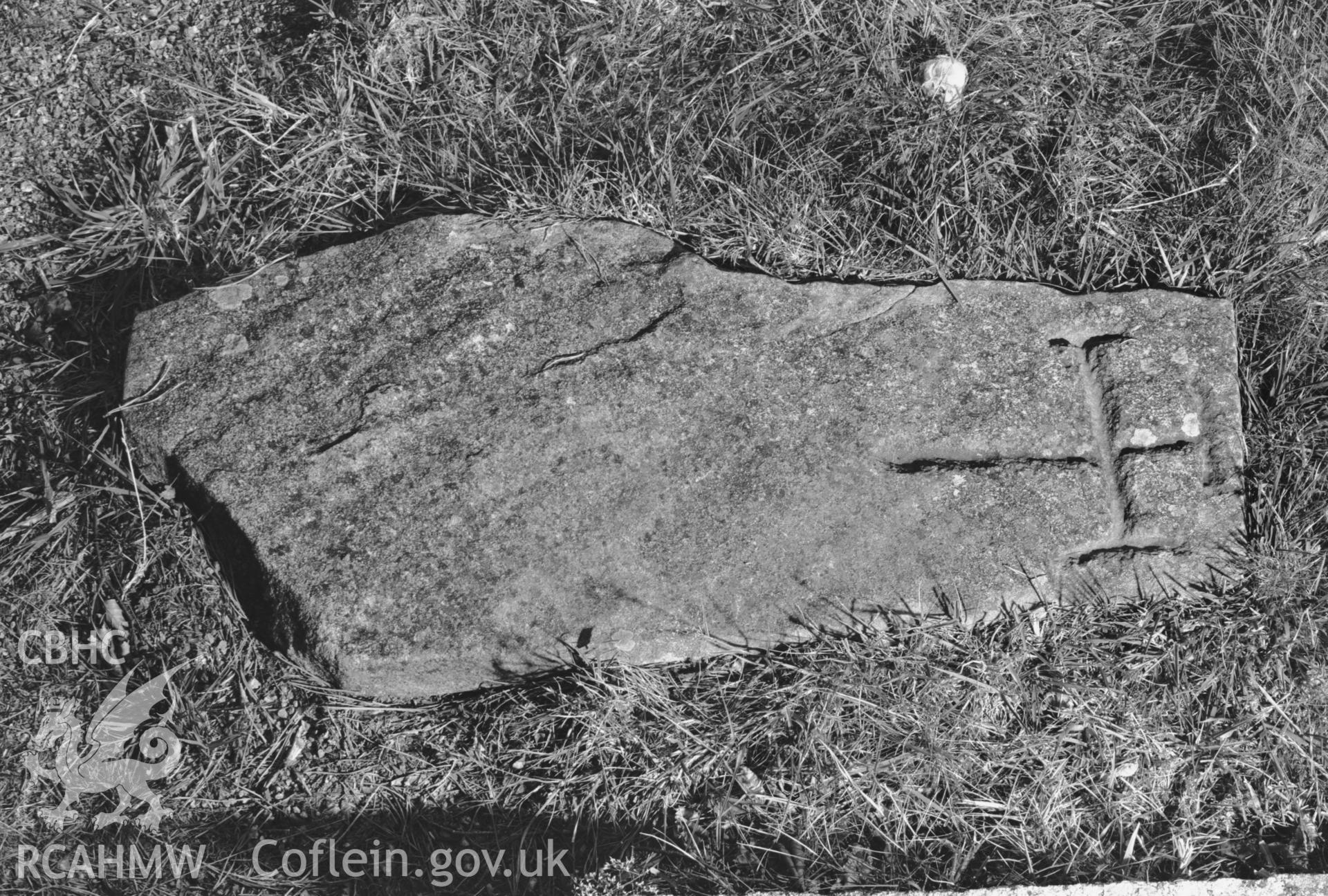 Black and white photograph of cross-carved stone, Llantrisant Church, Llanfihangel-y-Creuddyn. Image CD17 (p.162) in Nancy Edwards' 'A Corpus of Early Medieval Inscribed Stones and Stone Sculptures in Wales. Volume II: South-West Wales'.