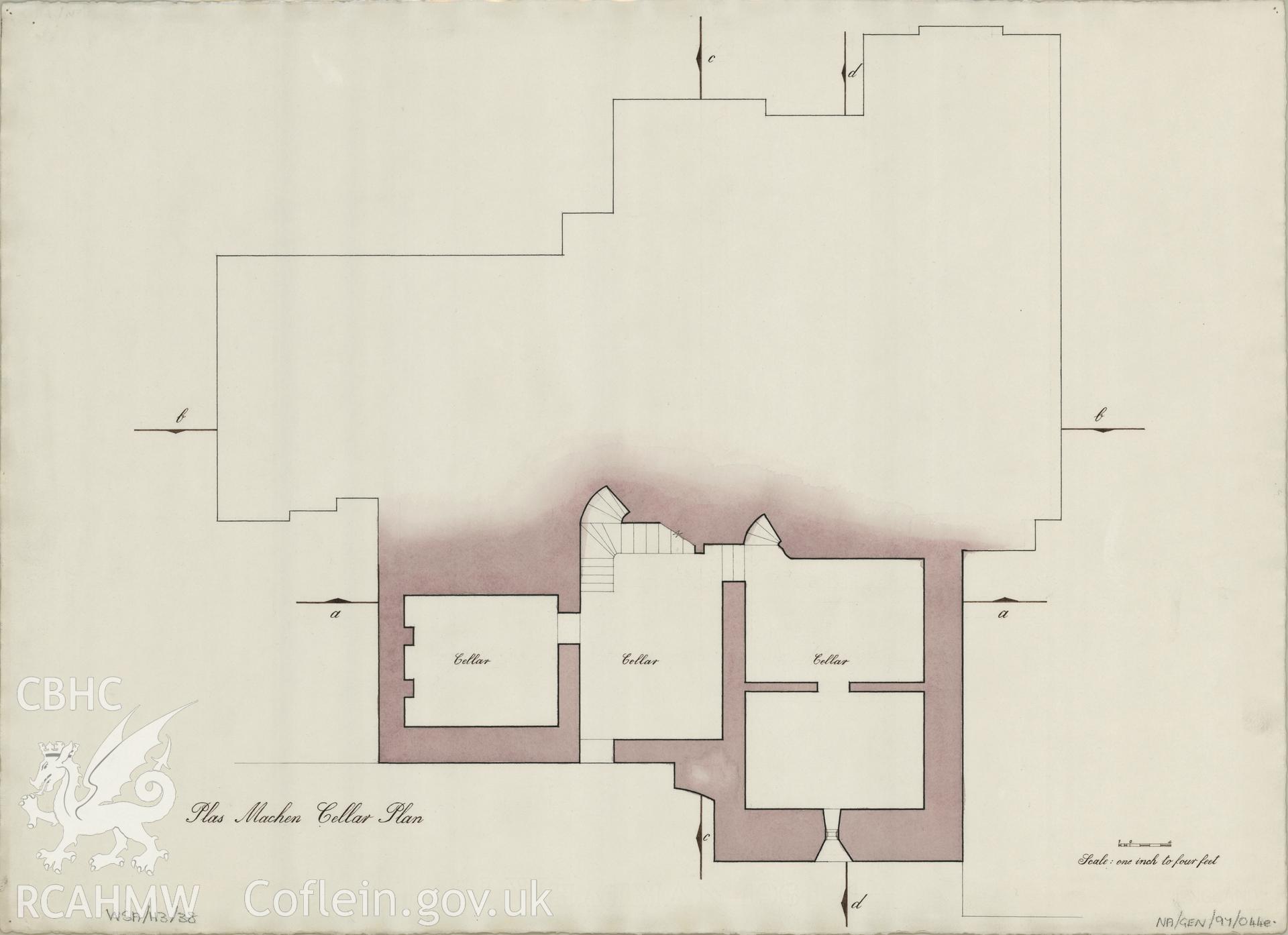 Measured drawing showing cellar plan of Plas Machen, Graig, produced by B.J. Coles and D.A. Pugh, 1967-1968.