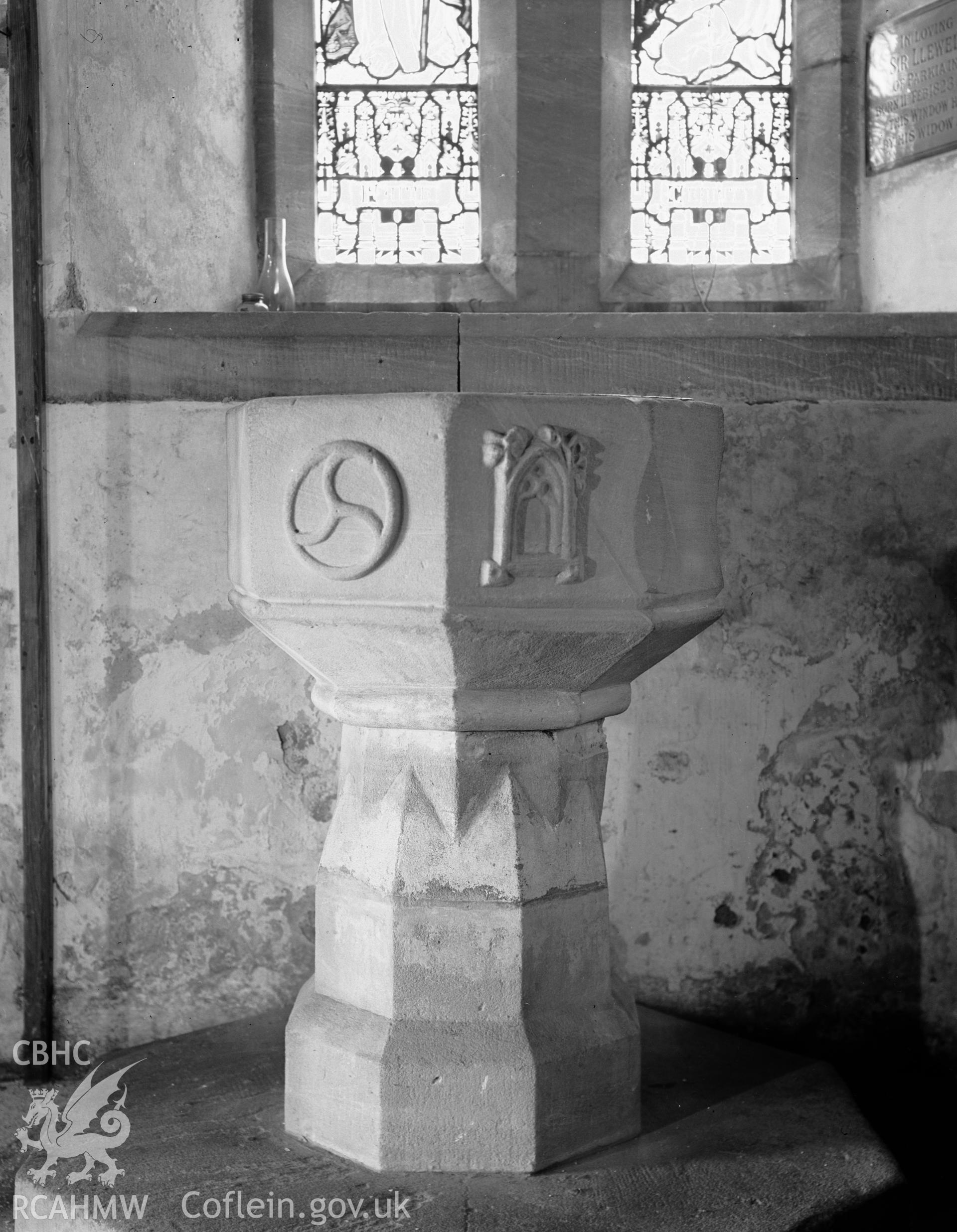 Interior view of St Mary's Church showing font, taken 10.05.1956.