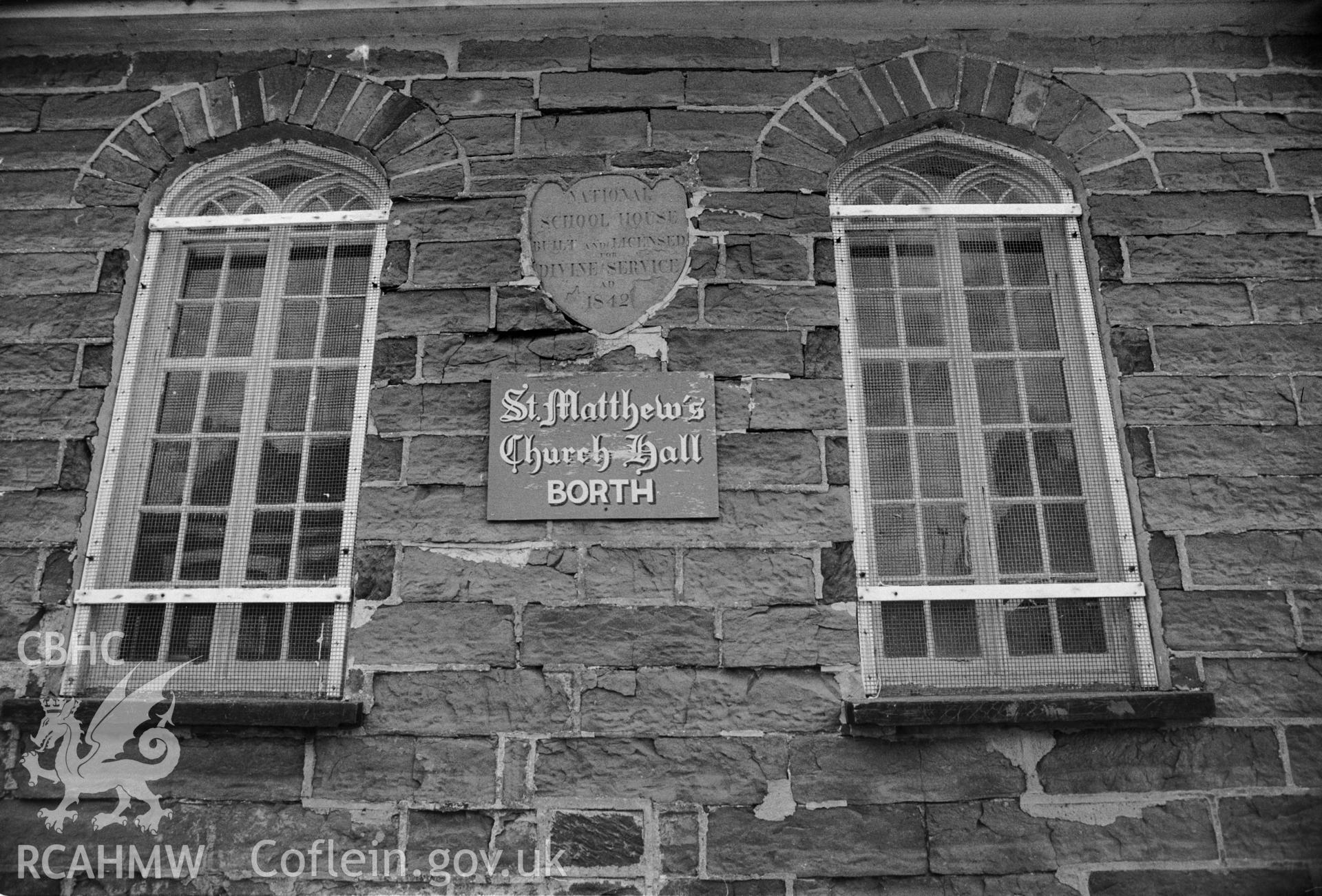 Black and white photograph showing the former National School at Borth produced by Malcolm Seaborne, September 1989.