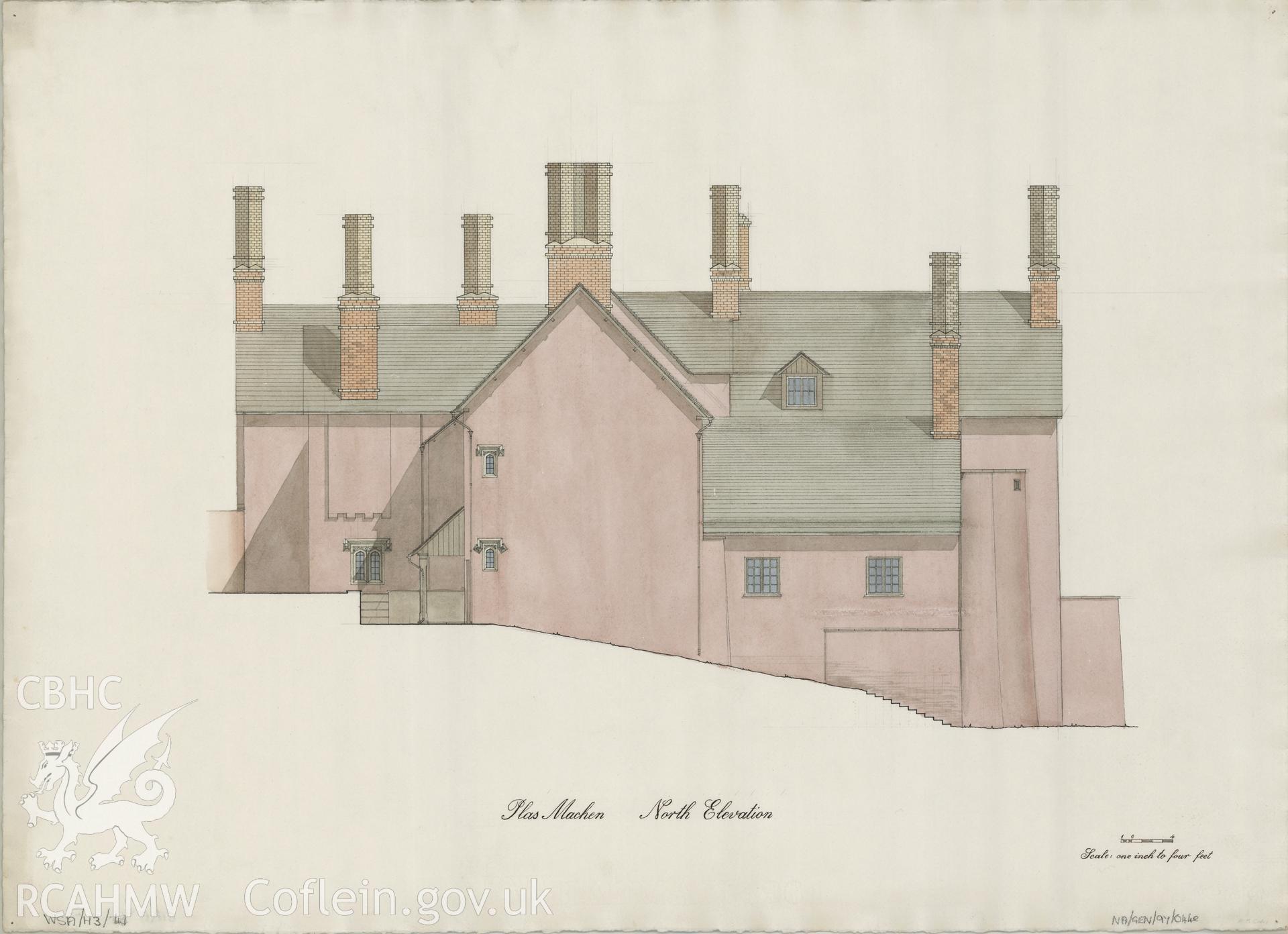 Measured drawing showing north elevation of Plas Machen, Graig, produced by B.J. Coles and D.A. Pugh, 1967-1968.