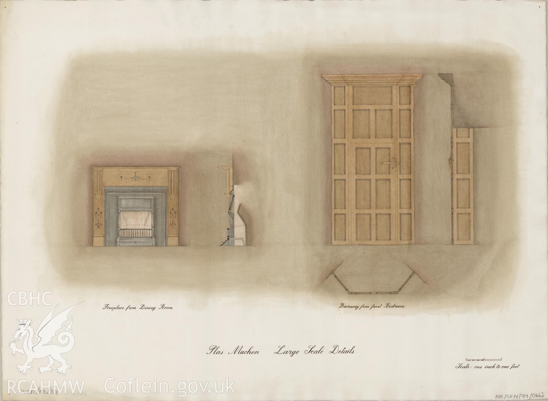 Measured drawing showing detail of fireplace and door at Plas Machen, Graig, produced by B.J. Coles and D.A. Pugh, 1967-1968.