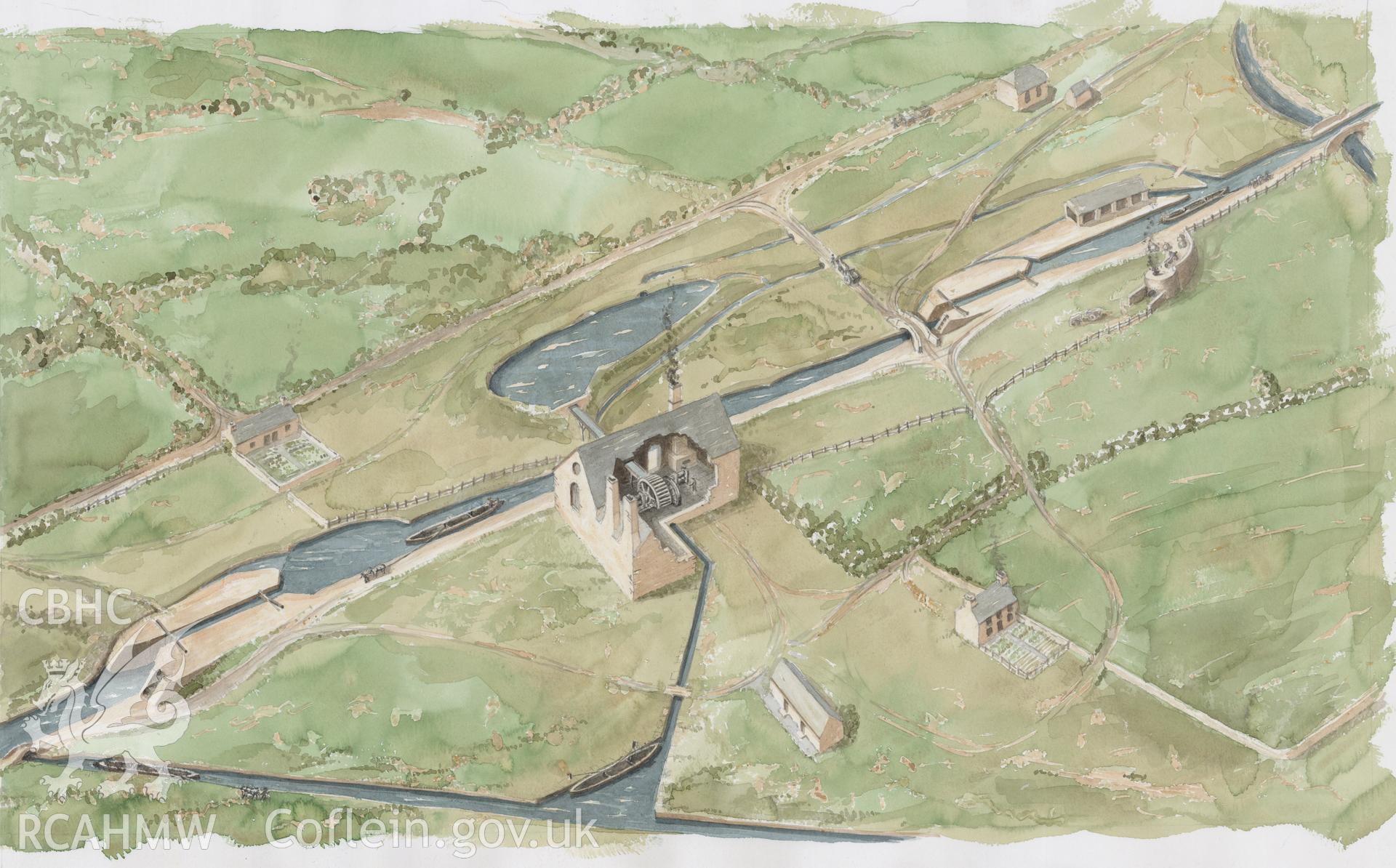 Watercolour by Geoff Ward comprising a reconstruction view of Pontardawe Tinplate Works as it would have appeared in the mid-nineteenth-century.