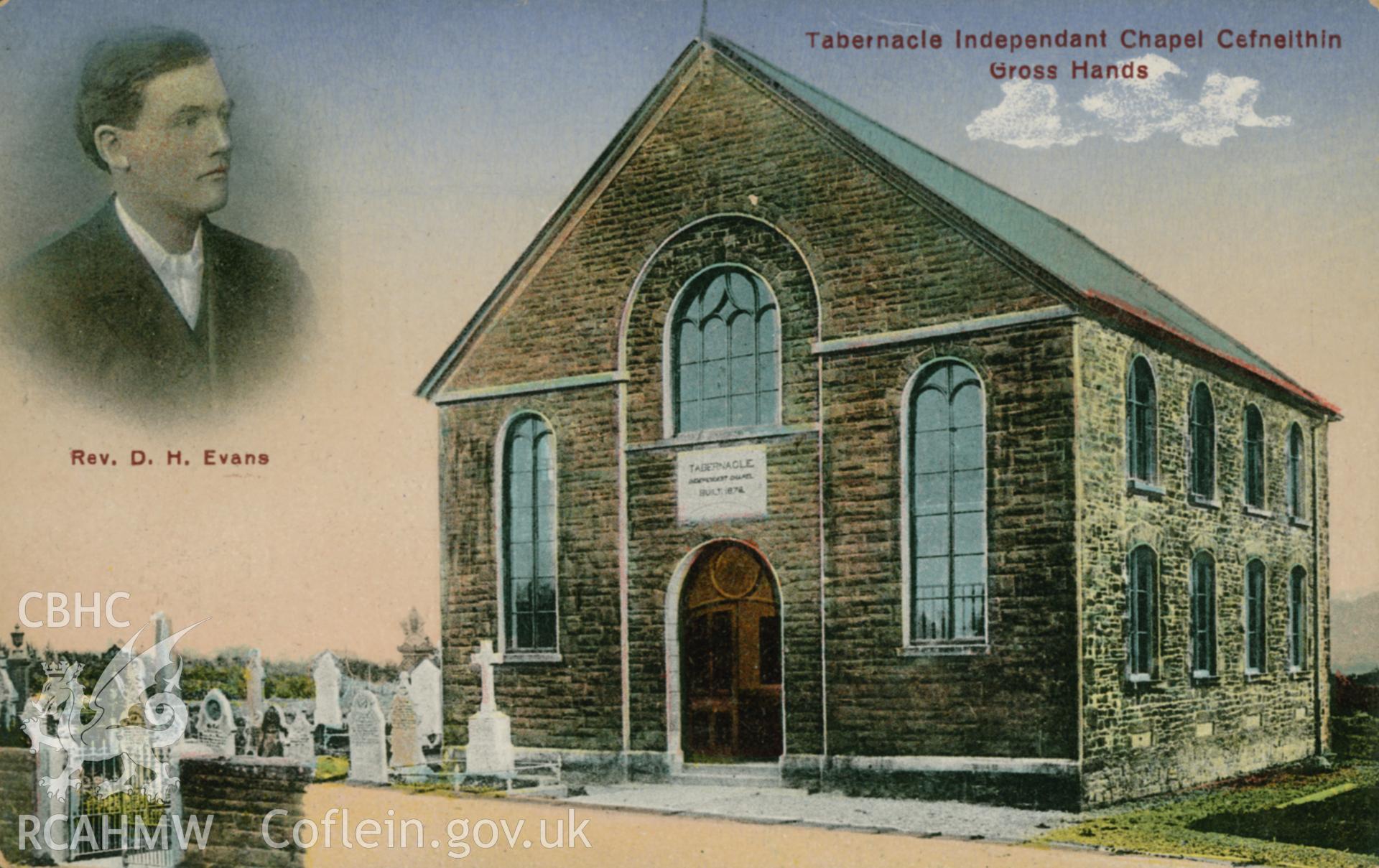 Original coloured historic postcard of Tabernacl Independent Chapel, Cefneithin, Crosshands, by Williams, Llandilo, c.1900.