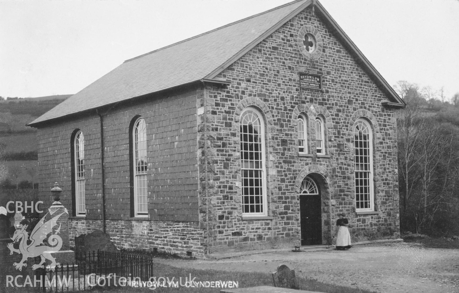 Rhydwilym Chapel, Llandyssilio; B&W print copied from an undated postcard  loaned for copying by Thomas Lloyd.  Copy negative held.