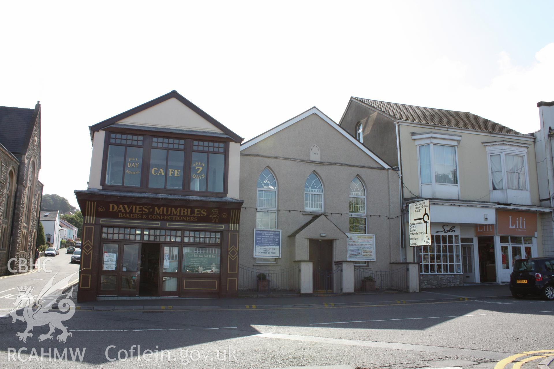 Christadelphian Mt Zion Hall, front (east) gable entry elevation.