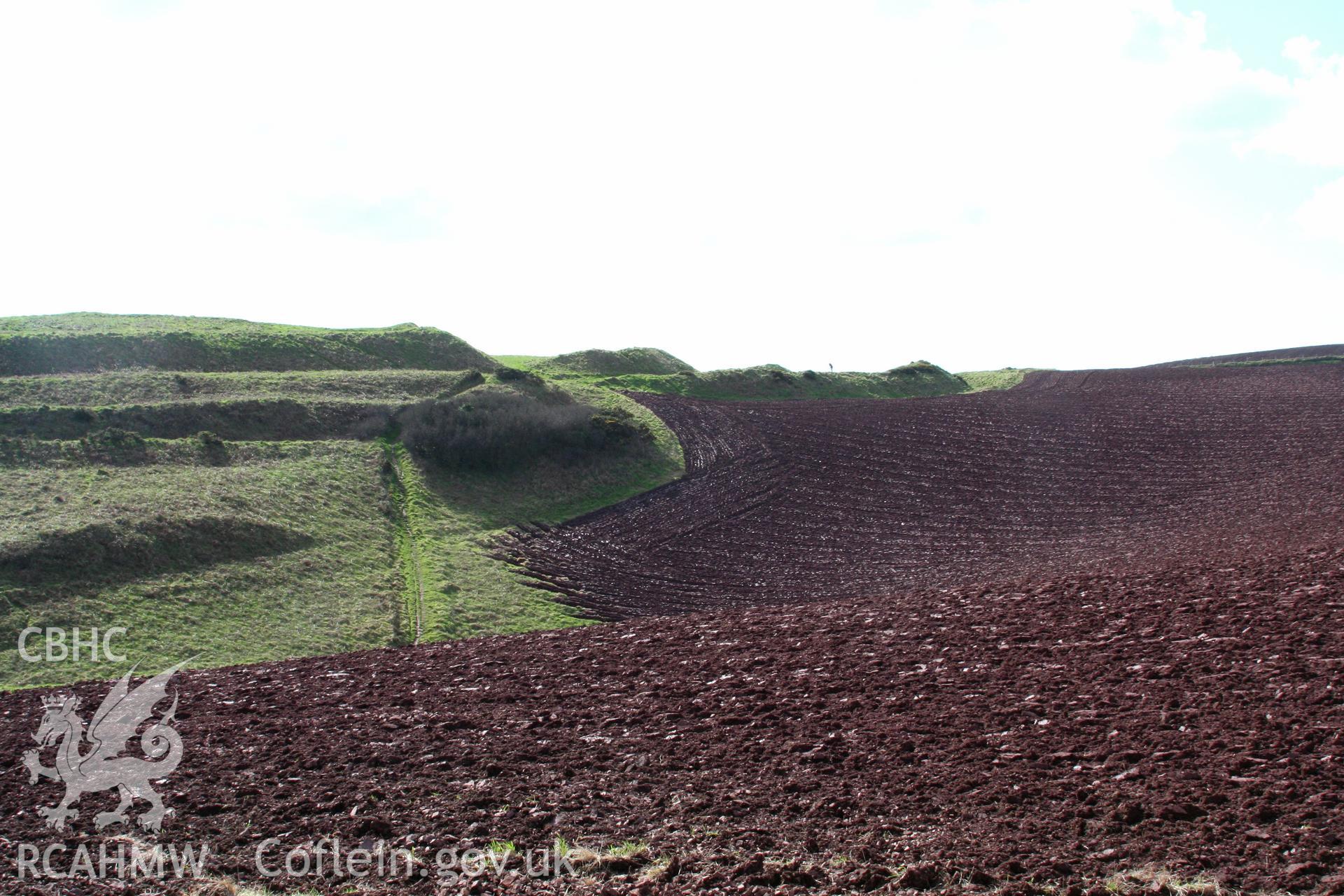 Looking south-west to the main fort entrance (centre) with the annexe defences to the right.