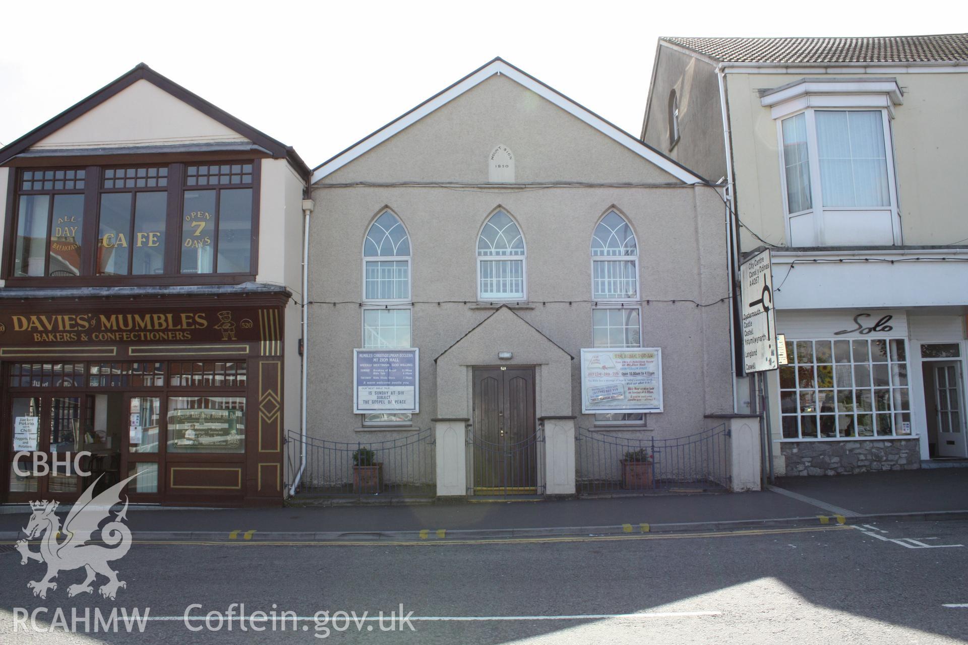 Christadelphian Mt Zion Hall, front (east) gable entry elevation.