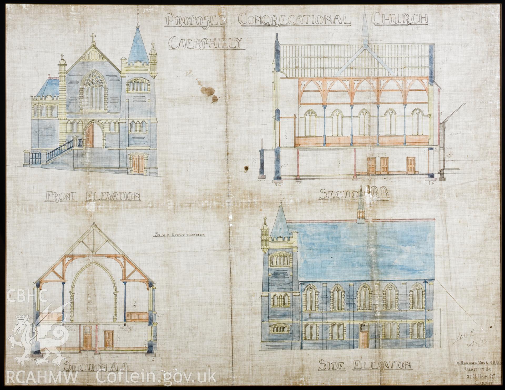 Architects plans for chapel, backlit to show hand colouring on reverse.