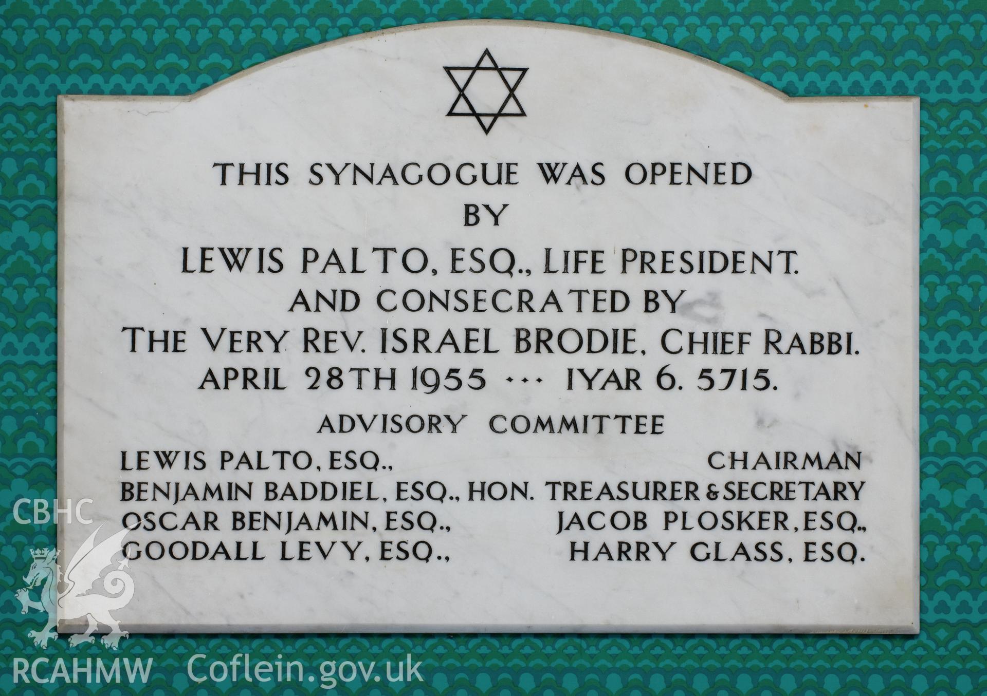 Synagogue opening memorial.