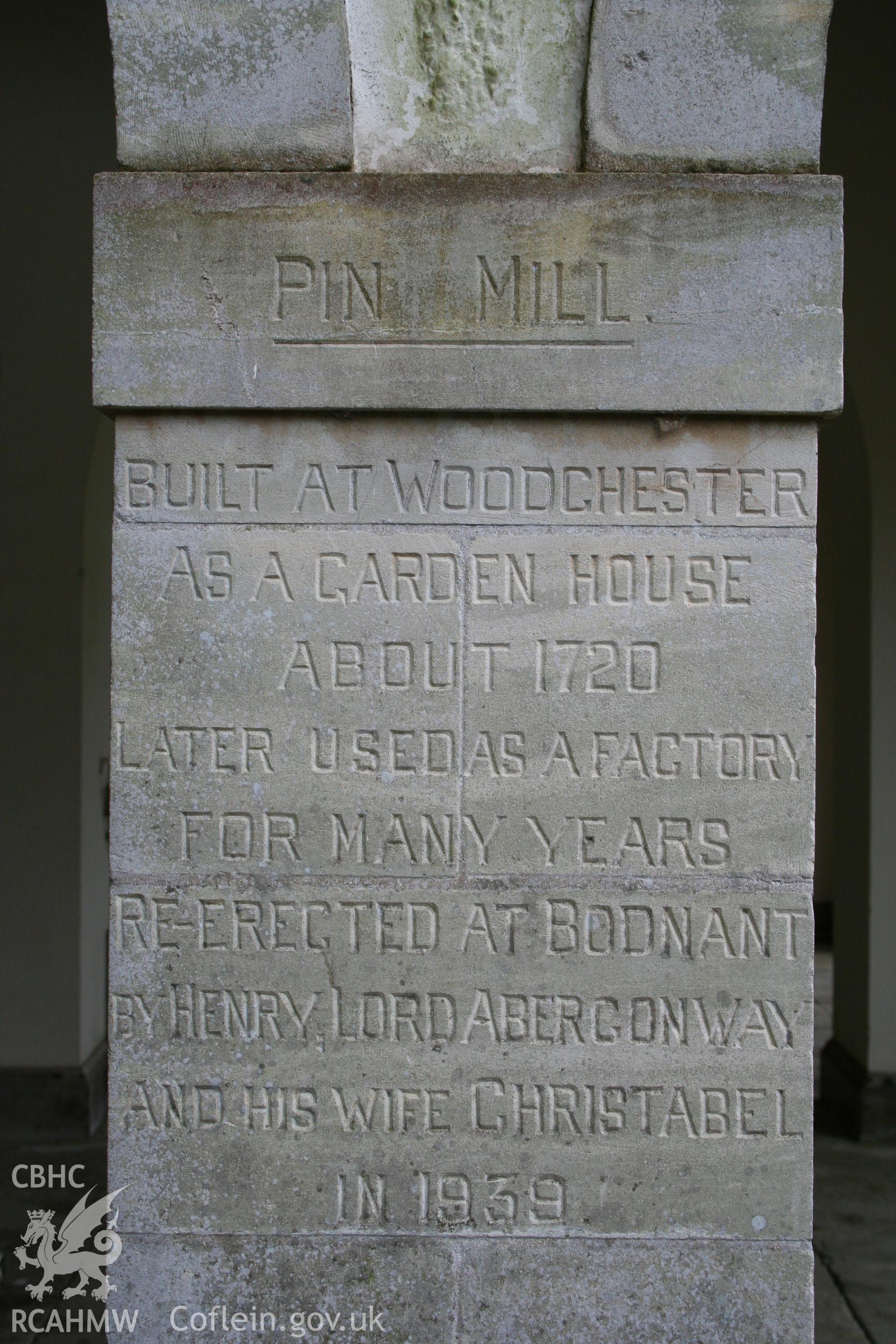 Building history carved into one of the piers in the Pin Mill (nprn 41168).