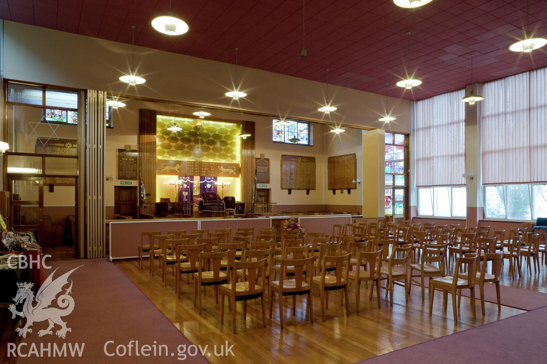 Synagogue interior, view from the west, with ark open.