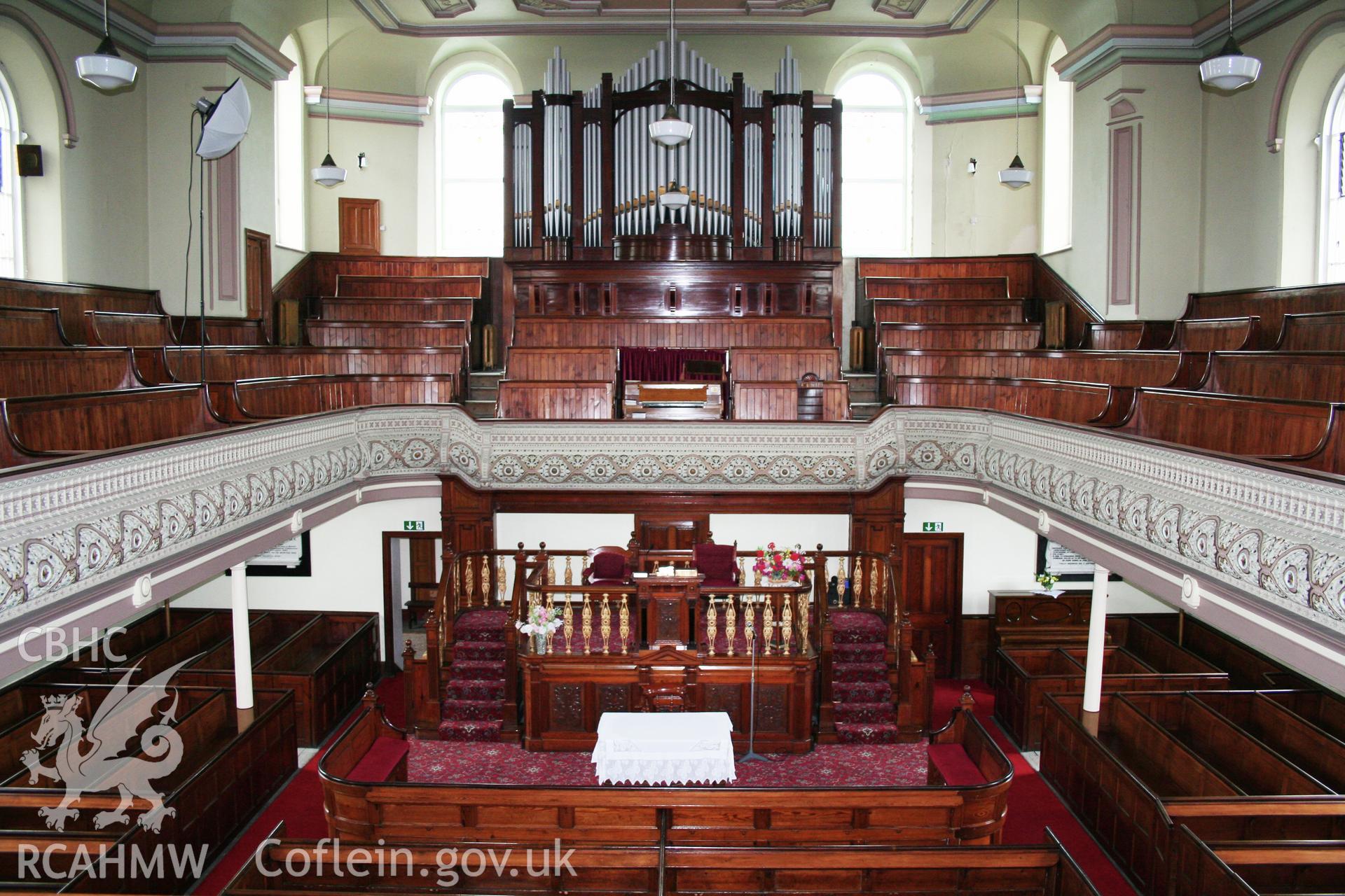 Moriah Chapel interior looking towards the sedd fawr.